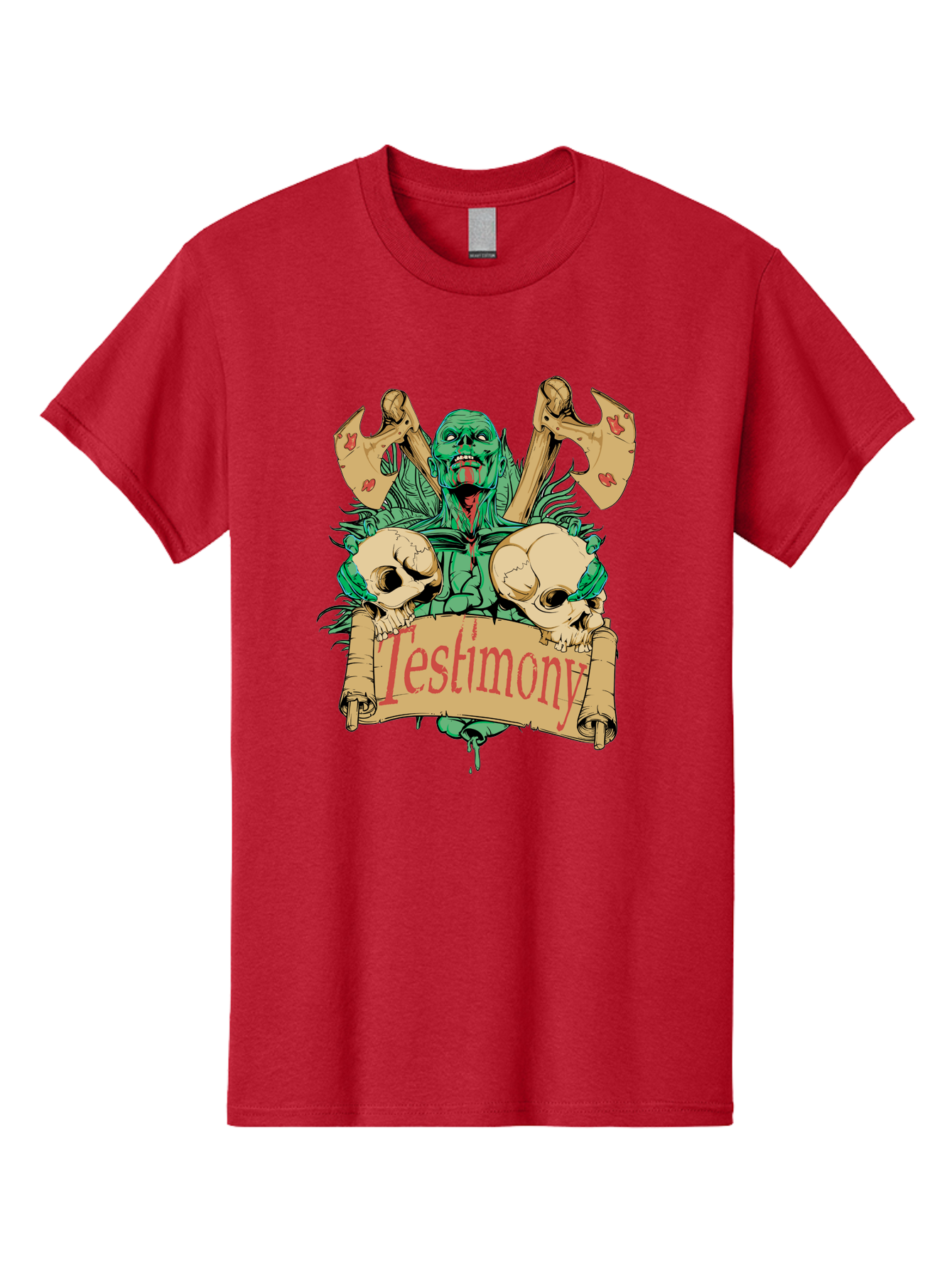 Blood Axe Testimony Men'S Graphic Tee, 100% Cotton, Comfortable Casual Summer Wear, Machine Washable, Zombie Holding Banner, Testimony Scroll, Skulls And Axes, Horror Elements, Dark Fantasy Art, Eerie Atmosphere, Intense Graphic Design, Aae149