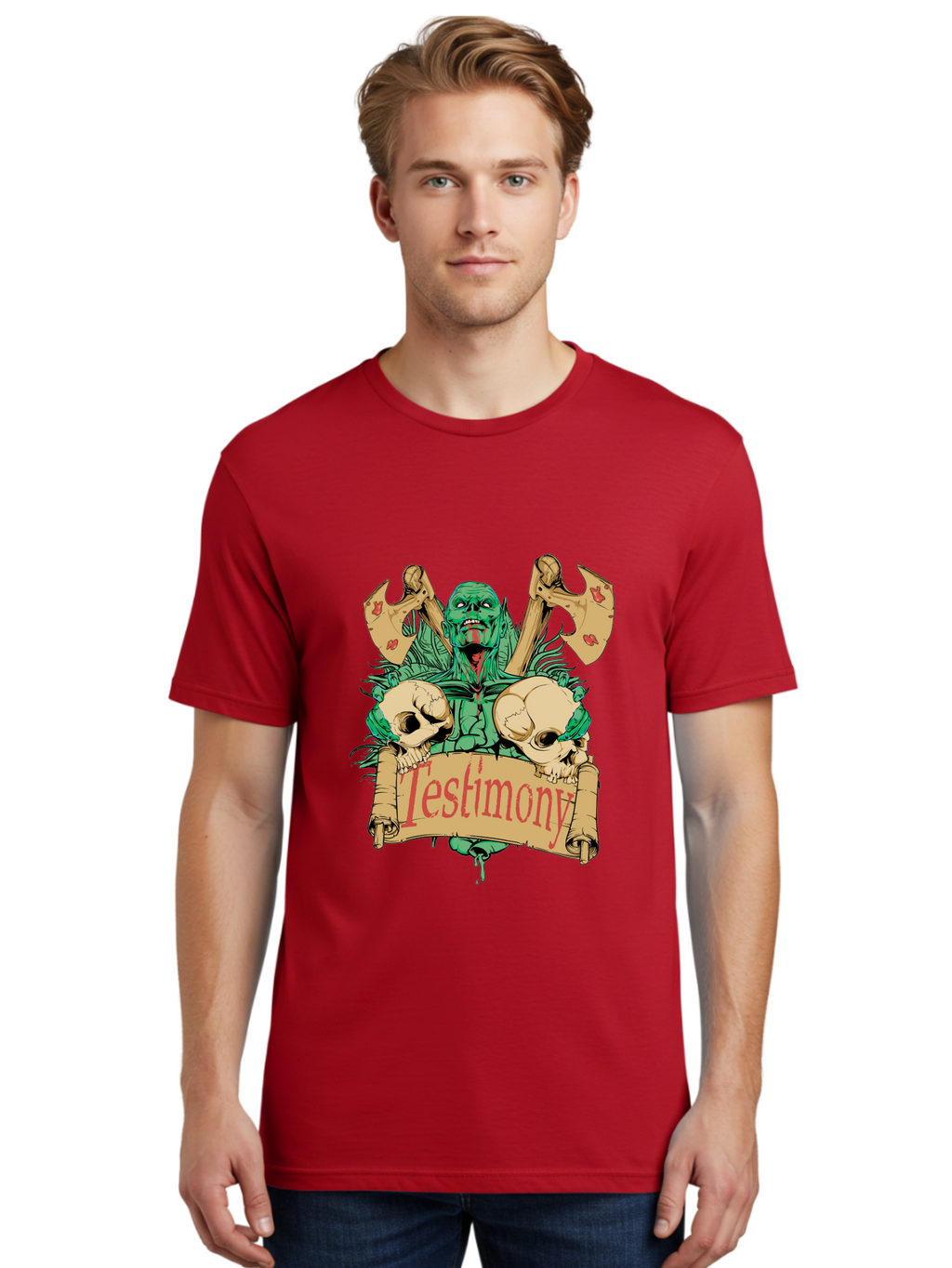 Blood Axe Testimony Men'S Graphic Tee, 100% Cotton, Comfortable Casual Summer Wear, Machine Washable, Zombie Holding Banner, Testimony Scroll, Skulls And Axes, Horror Elements, Dark Fantasy Art, Eerie Atmosphere, Intense Graphic Design, Aae149