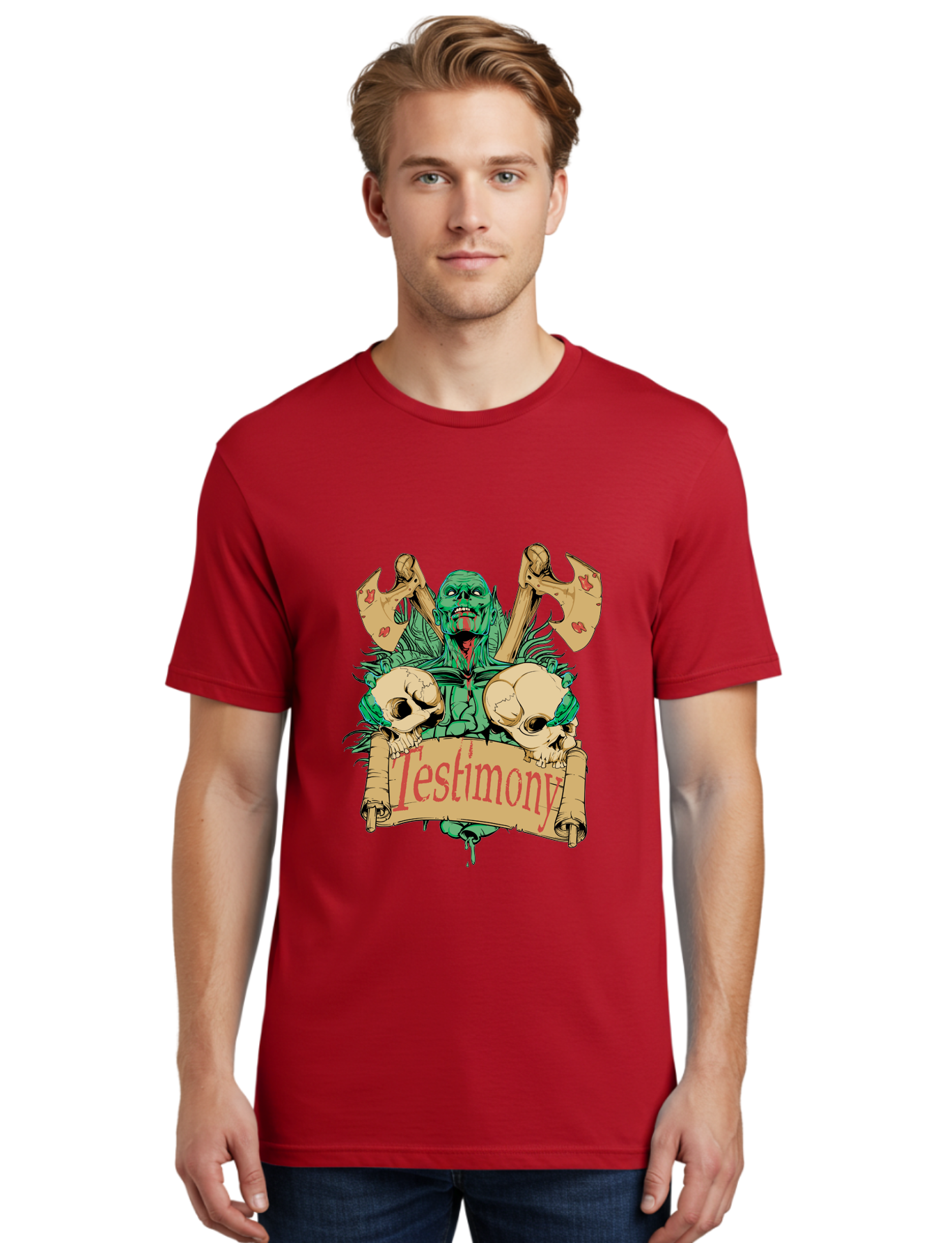 Blood Axe Testimony Men'S Graphic Tee, 100% Cotton, Comfortable Casual Summer Wear, Machine Washable, Zombie Holding Banner, Testimony Scroll, Skulls And Axes, Horror Elements, Dark Fantasy Art, Eerie Atmosphere, Intense Graphic Design, Aae149