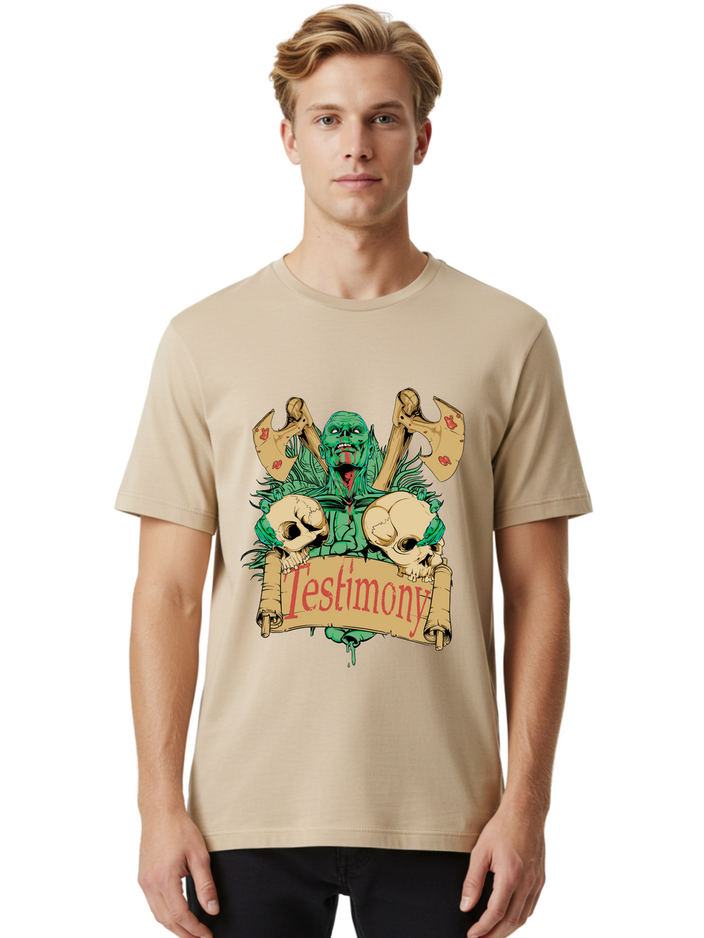 Blood Axe Testimony Men'S Graphic Tee, 100% Cotton, Comfortable Casual Summer Wear, Machine Washable, Zombie Holding Banner, Testimony Scroll, Skulls And Axes, Horror Elements, Dark Fantasy Art, Eerie Atmosphere, Intense Graphic Design, Aae149