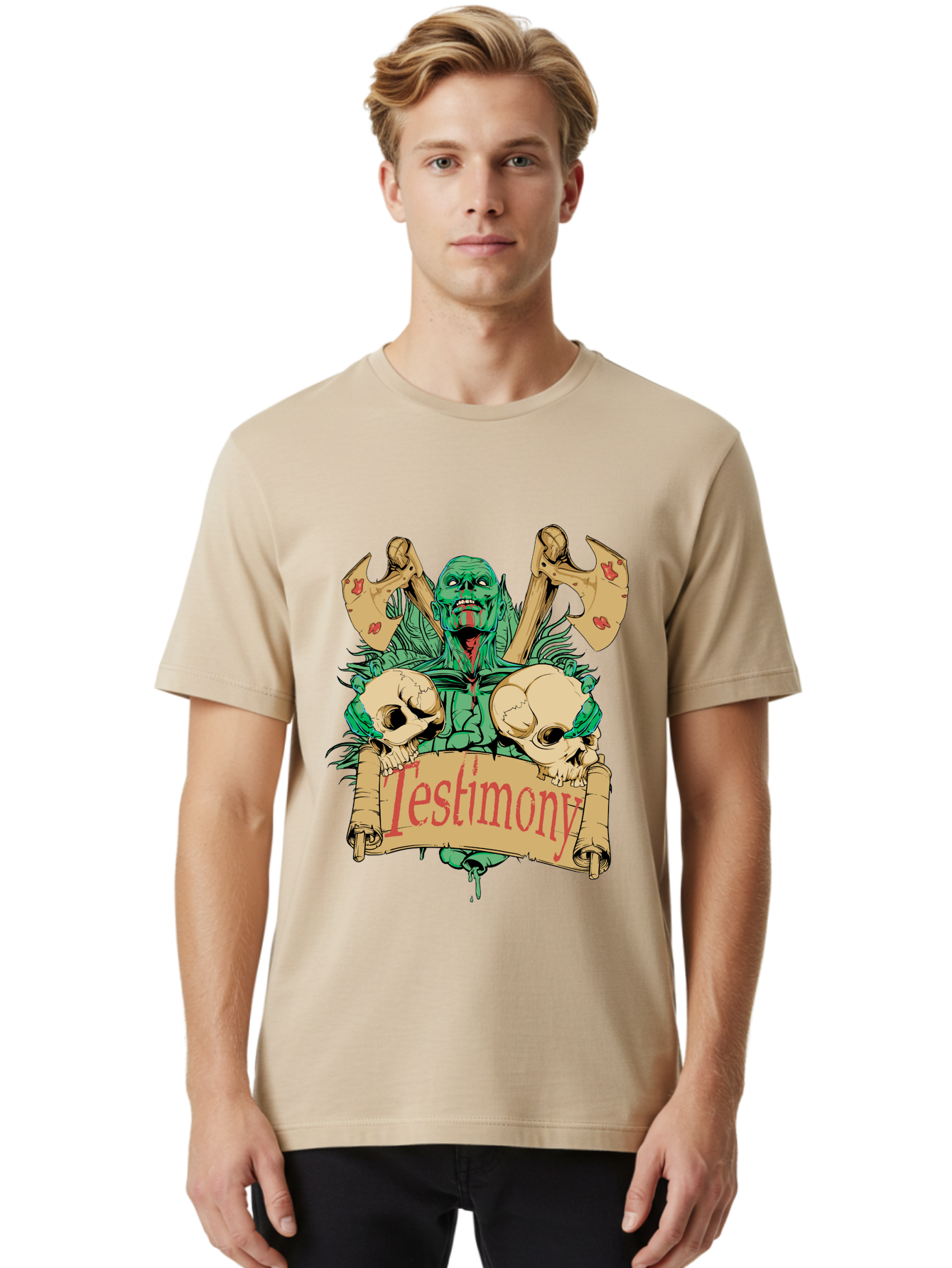 Blood Axe Testimony Men'S Graphic Tee, 100% Cotton, Comfortable Casual Summer Wear, Machine Washable, Zombie Holding Banner, Testimony Scroll, Skulls And Axes, Horror Elements, Dark Fantasy Art, Eerie Atmosphere, Intense Graphic Design, Aae149