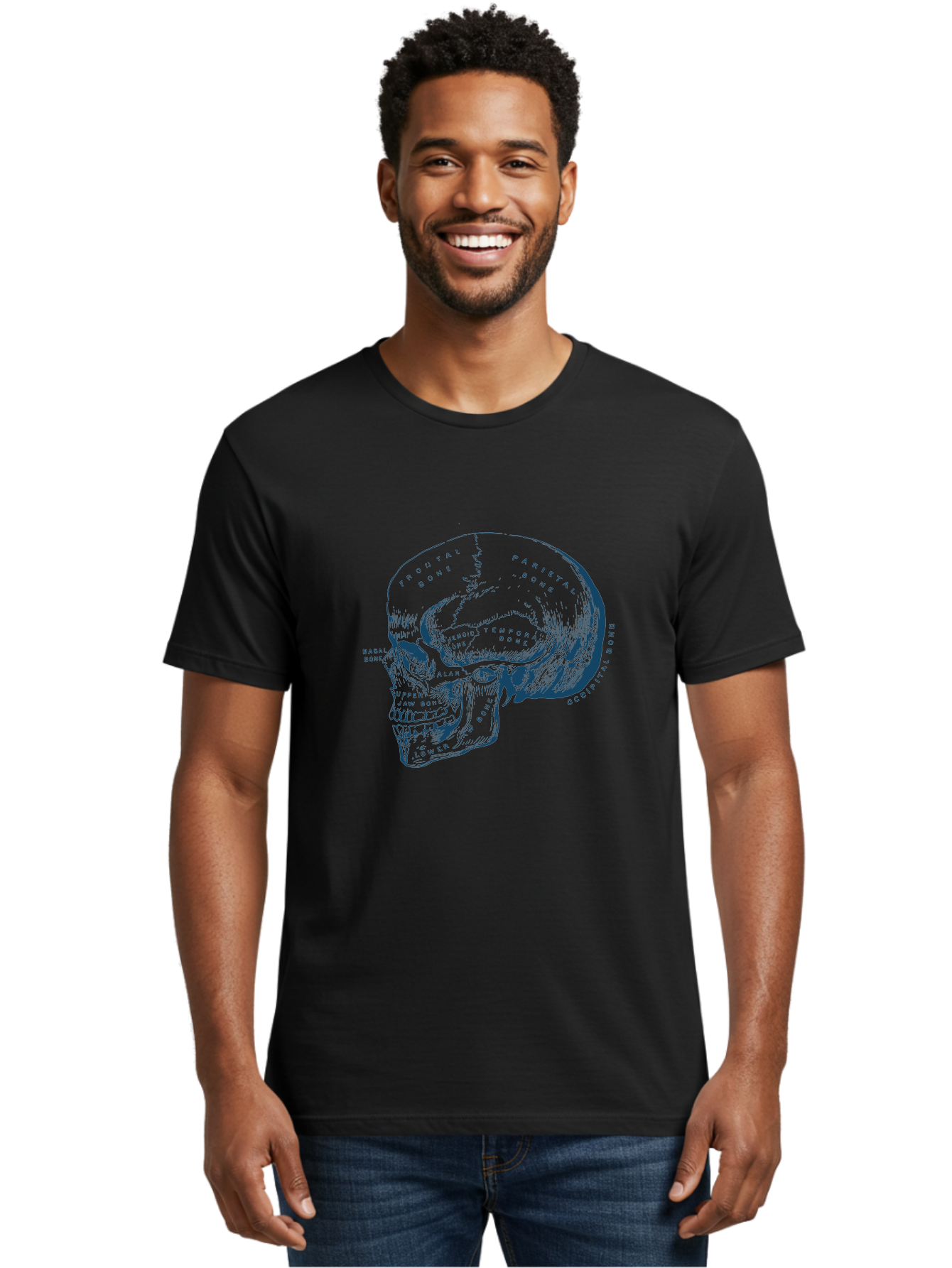 Blueprint Skull Men'S Graphic Tee, 100% Cotton, Comfortable Casual Summer Wear, Machine Washable, Human Skull, Anatomical Diagram, Labeled Bones, Frontal Bone, Parietal Bone, Occipital Bone, Temporal Bone, Jaw Bone, Medical Illustration, Aae151