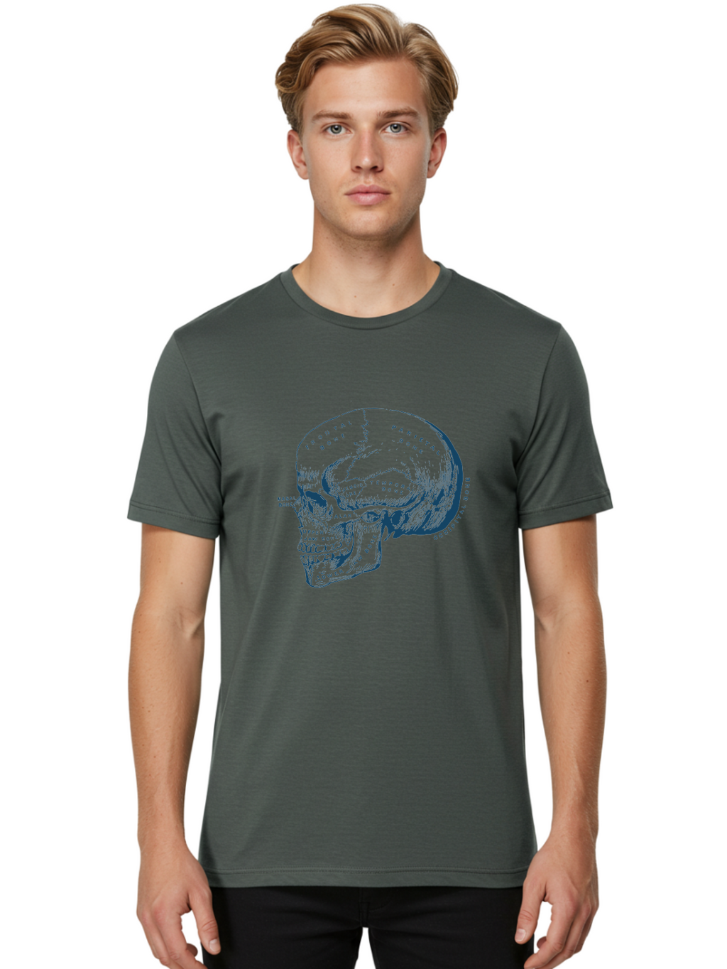 Blueprint Skull Men'S Graphic Tee, 100% Cotton, Comfortable Casual Summer Wear, Machine Washable, Human Skull, Anatomical Diagram, Labeled Bones, Frontal Bone, Parietal Bone, Occipital Bone, Temporal Bone, Jaw Bone, Medical Illustration, Aae151