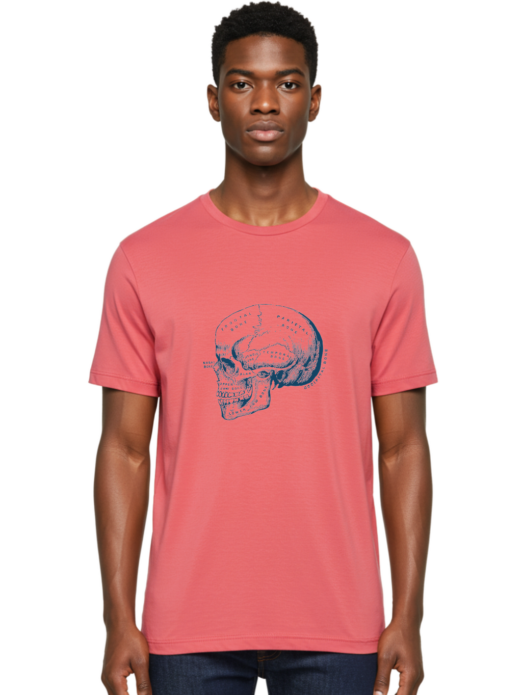 Blueprint Skull Men'S Graphic Tee, 100% Cotton, Comfortable Casual Summer Wear, Machine Washable, Human Skull, Anatomical Diagram, Labeled Bones, Frontal Bone, Parietal Bone, Occipital Bone, Temporal Bone, Jaw Bone, Medical Illustration, Aae151