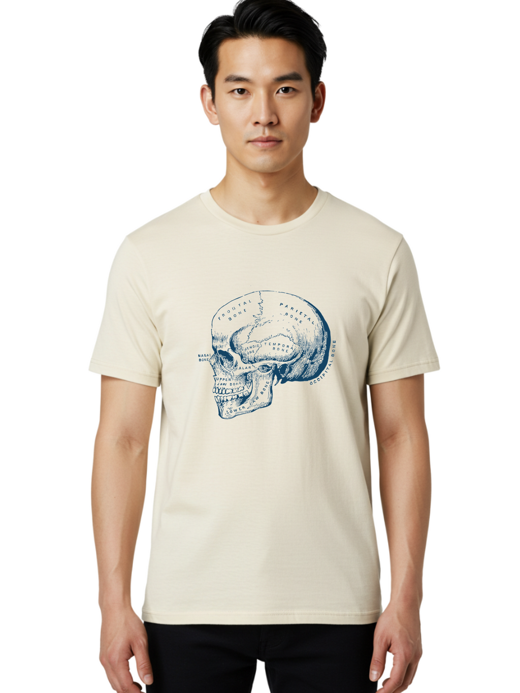 Blueprint Skull Men'S Graphic Tee, 100% Cotton, Comfortable Casual Summer Wear, Machine Washable, Human Skull, Anatomical Diagram, Labeled Bones, Frontal Bone, Parietal Bone, Occipital Bone, Temporal Bone, Jaw Bone, Medical Illustration, Aae151