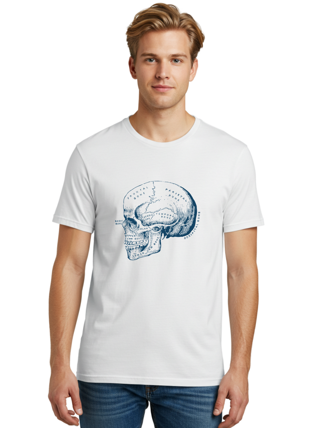 Blueprint Skull Men'S Graphic Tee, 100% Cotton, Comfortable Casual Summer Wear, Machine Washable, Human Skull, Anatomical Diagram, Labeled Bones, Frontal Bone, Parietal Bone, Occipital Bone, Temporal Bone, Jaw Bone, Medical Illustration, Aae151