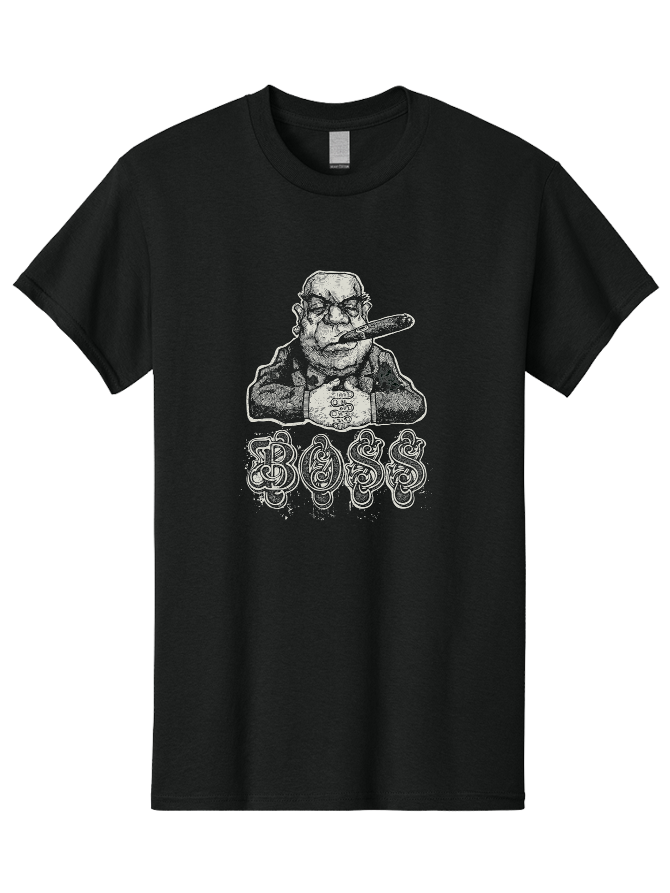 Boss Gangster Men'S Graphic Tee, 100% Cotton, Comfortable Casual Summer Wear, Machine Washable, Gangster With Cigar, Leader Figure, Tattooed Man, Cigar Smoker, Tough Guy Image, Powerful Stance, Bold Typography, Stylized Lettering Aae152