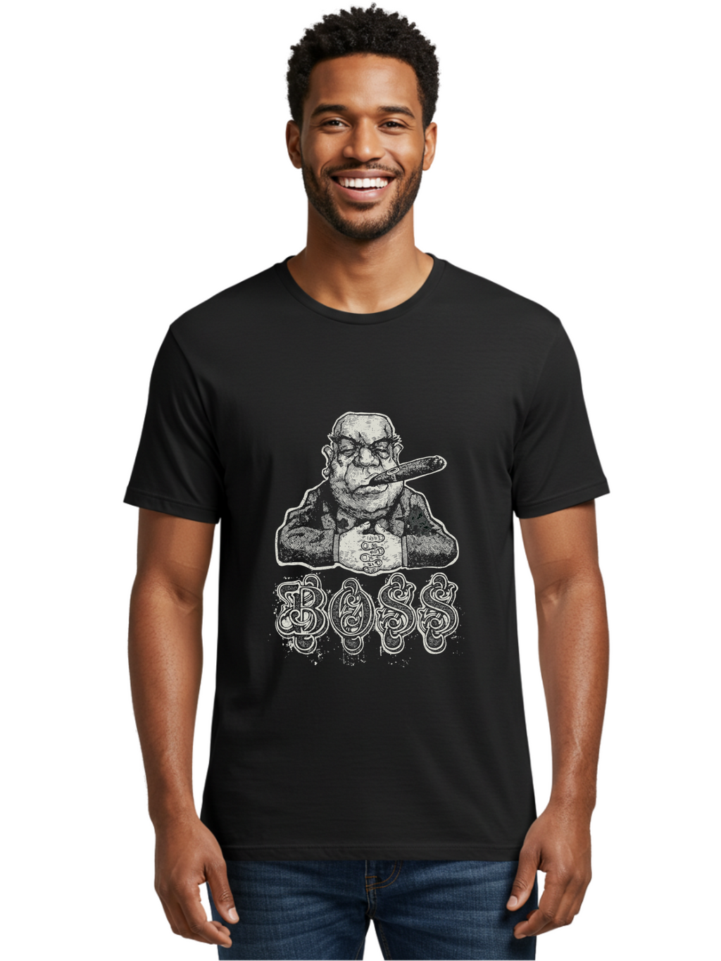 Boss Gangster Men'S Graphic Tee, 100% Cotton, Comfortable Casual Summer Wear, Machine Washable, Gangster With Cigar, Leader Figure, Tattooed Man, Cigar Smoker, Tough Guy Image, Powerful Stance, Bold Typography, Stylized Lettering Aae152