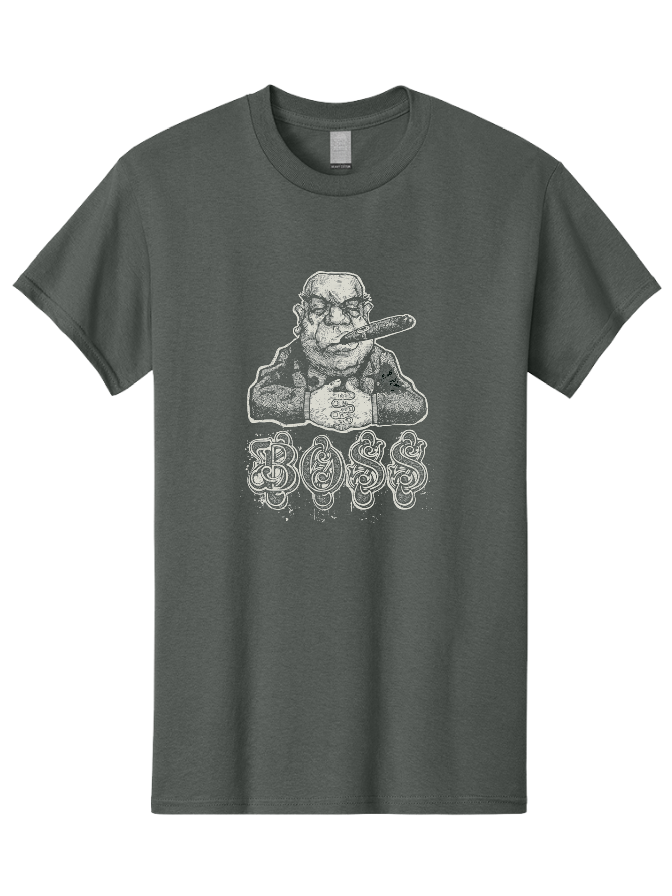 Boss Gangster Men'S Graphic Tee, 100% Cotton, Comfortable Casual Summer Wear, Machine Washable, Gangster With Cigar, Leader Figure, Tattooed Man, Cigar Smoker, Tough Guy Image, Powerful Stance, Bold Typography, Stylized Lettering Aae152