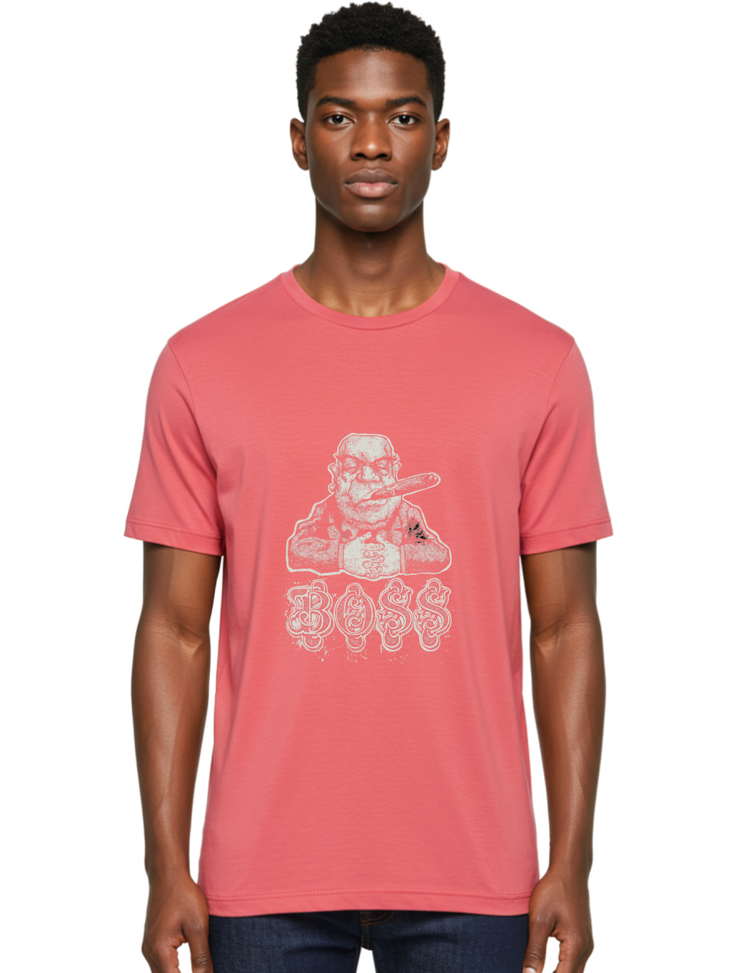 Boss Gangster Men'S Graphic Tee, 100% Cotton, Comfortable Casual Summer Wear, Machine Washable, Gangster With Cigar, Leader Figure, Tattooed Man, Cigar Smoker, Tough Guy Image, Powerful Stance, Bold Typography, Stylized Lettering Aae152