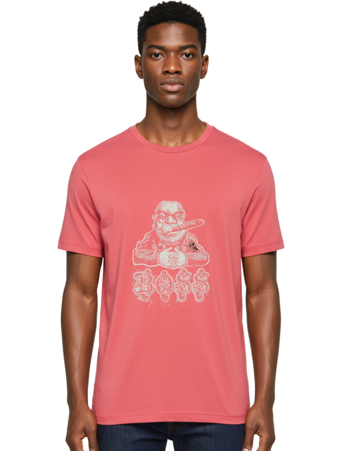 Boss Gangster Men'S Graphic Tee, 100% Cotton, Comfortable Casual Summer Wear, Machine Washable, Gangster With Cigar, Leader Figure, Tattooed Man, Cigar Smoker, Tough Guy Image, Powerful Stance, Bold Typography, Stylized Lettering Aae152