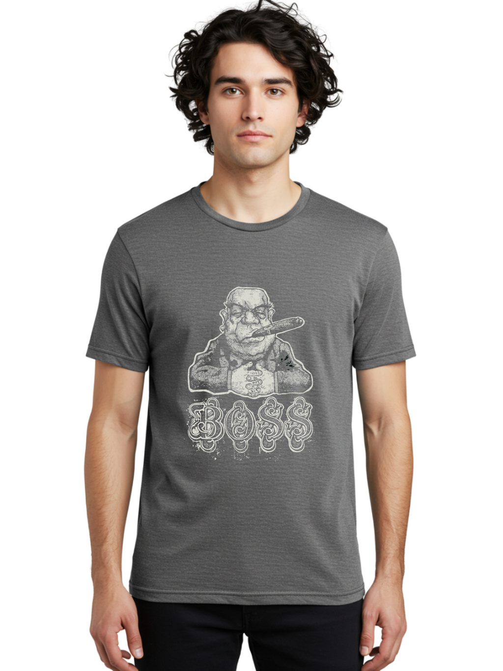 Boss Gangster Men'S Graphic Tee, 100% Cotton, Comfortable Casual Summer Wear, Machine Washable, Gangster With Cigar, Leader Figure, Tattooed Man, Cigar Smoker, Tough Guy Image, Powerful Stance, Bold Typography, Stylized Lettering Aae152