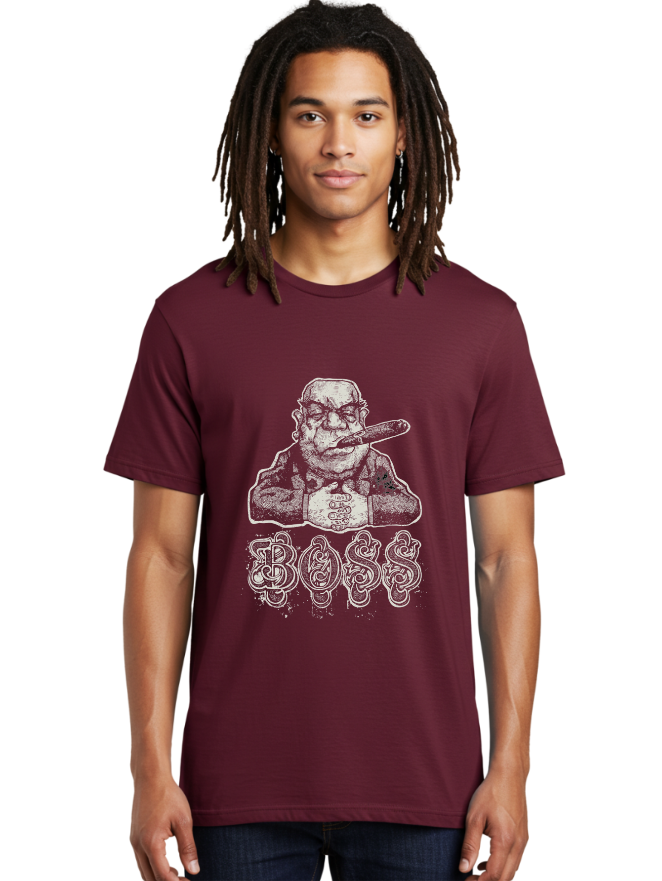 Boss Gangster Men'S Graphic Tee, 100% Cotton, Comfortable Casual Summer Wear, Machine Washable, Gangster With Cigar, Leader Figure, Tattooed Man, Cigar Smoker, Tough Guy Image, Powerful Stance, Bold Typography, Stylized Lettering Aae152