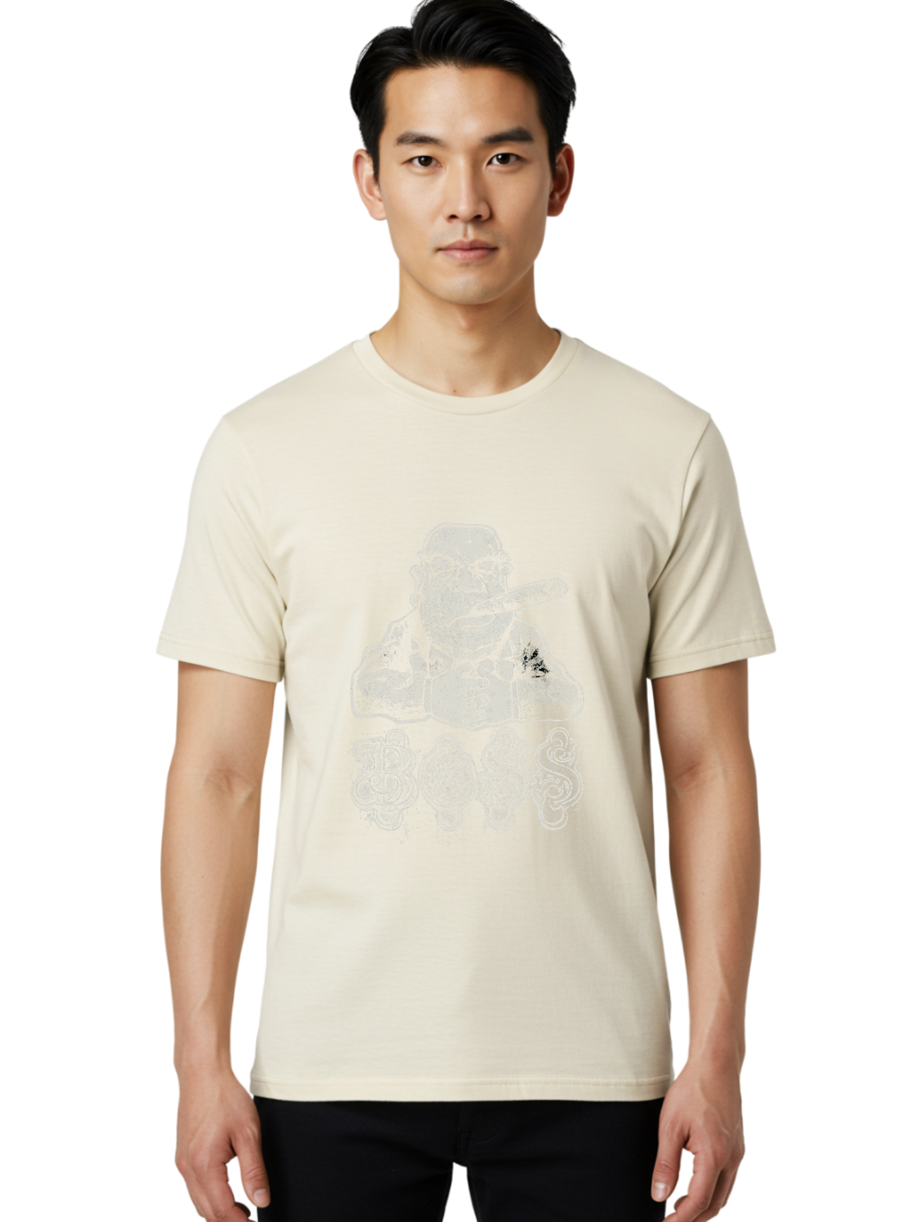 Boss Gangster Men'S Graphic Tee, 100% Cotton, Comfortable Casual Summer Wear, Machine Washable, Gangster With Cigar, Leader Figure, Tattooed Man, Cigar Smoker, Tough Guy Image, Powerful Stance, Bold Typography, Stylized Lettering Aae152