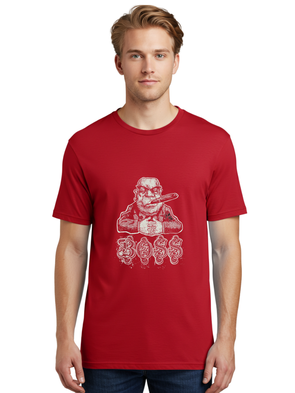 Boss Gangster Men'S Graphic Tee, 100% Cotton, Comfortable Casual Summer Wear, Machine Washable, Gangster With Cigar, Leader Figure, Tattooed Man, Cigar Smoker, Tough Guy Image, Powerful Stance, Bold Typography, Stylized Lettering Aae152