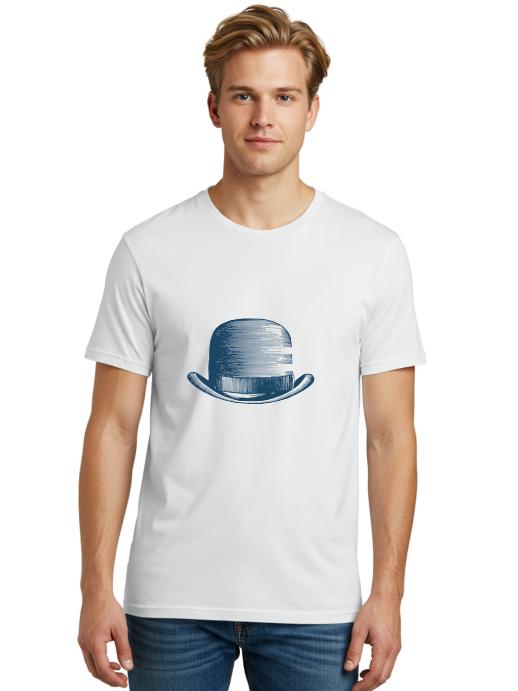 Bowler-Hat Men'S Graphic Tee, 100% Cotton, Comfortable Casual Summer Wear, Machine Washable, Bowler Hat, Classic Fashion, Vintage Style, Gentleman'S Accessory, Luxury Hat, Iconic Design, Retro Charm Aae156