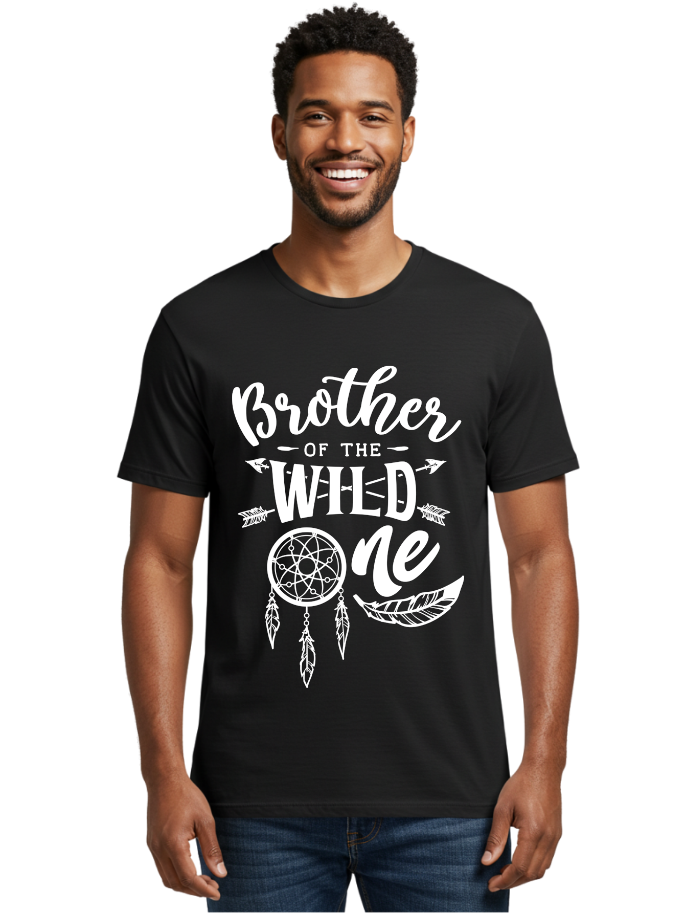 Brother Of The Wild One White Men'S Graphic Tee, 100% Cotton, Comfortable Casual Summer Wear, Machine Washable, Brother Of The Wild One, Dreamcatcher, Feathers, Bohemian Style, Tribal Design, Sibling Love, Wild Child, Sibling Pride Aae160
