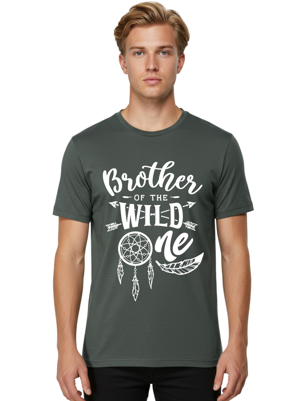 Brother Of The Wild One White Men'S Graphic Tee, 100% Cotton, Comfortable Casual Summer Wear, Machine Washable, Brother Of The Wild One, Dreamcatcher, Feathers, Bohemian Style, Tribal Design, Sibling Love, Wild Child, Sibling Pride Aae160