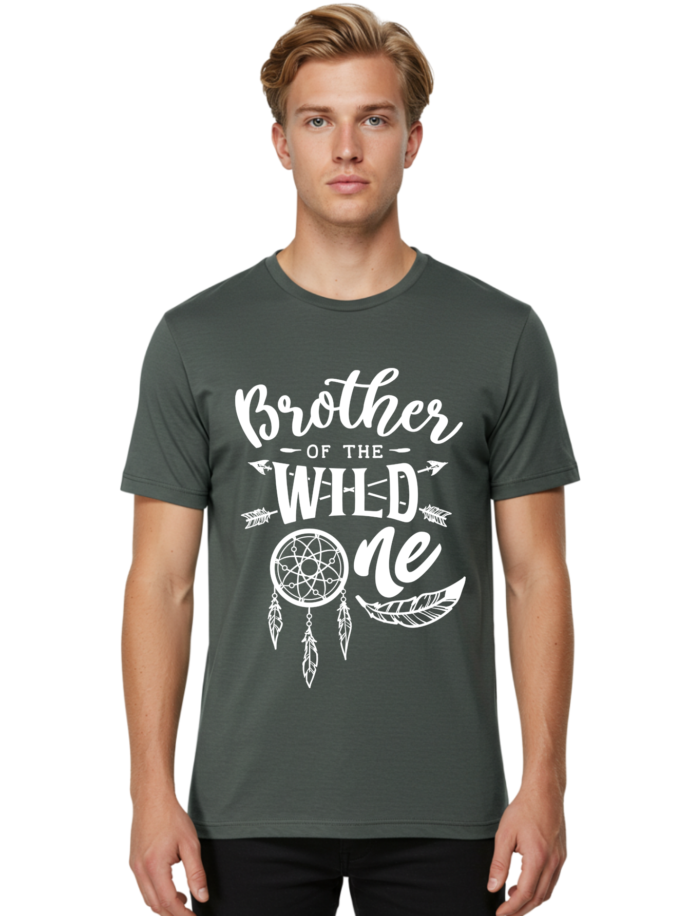 Brother Of The Wild One White Men'S Graphic Tee, 100% Cotton, Comfortable Casual Summer Wear, Machine Washable, Brother Of The Wild One, Dreamcatcher, Feathers, Bohemian Style, Tribal Design, Sibling Love, Wild Child, Sibling Pride Aae160