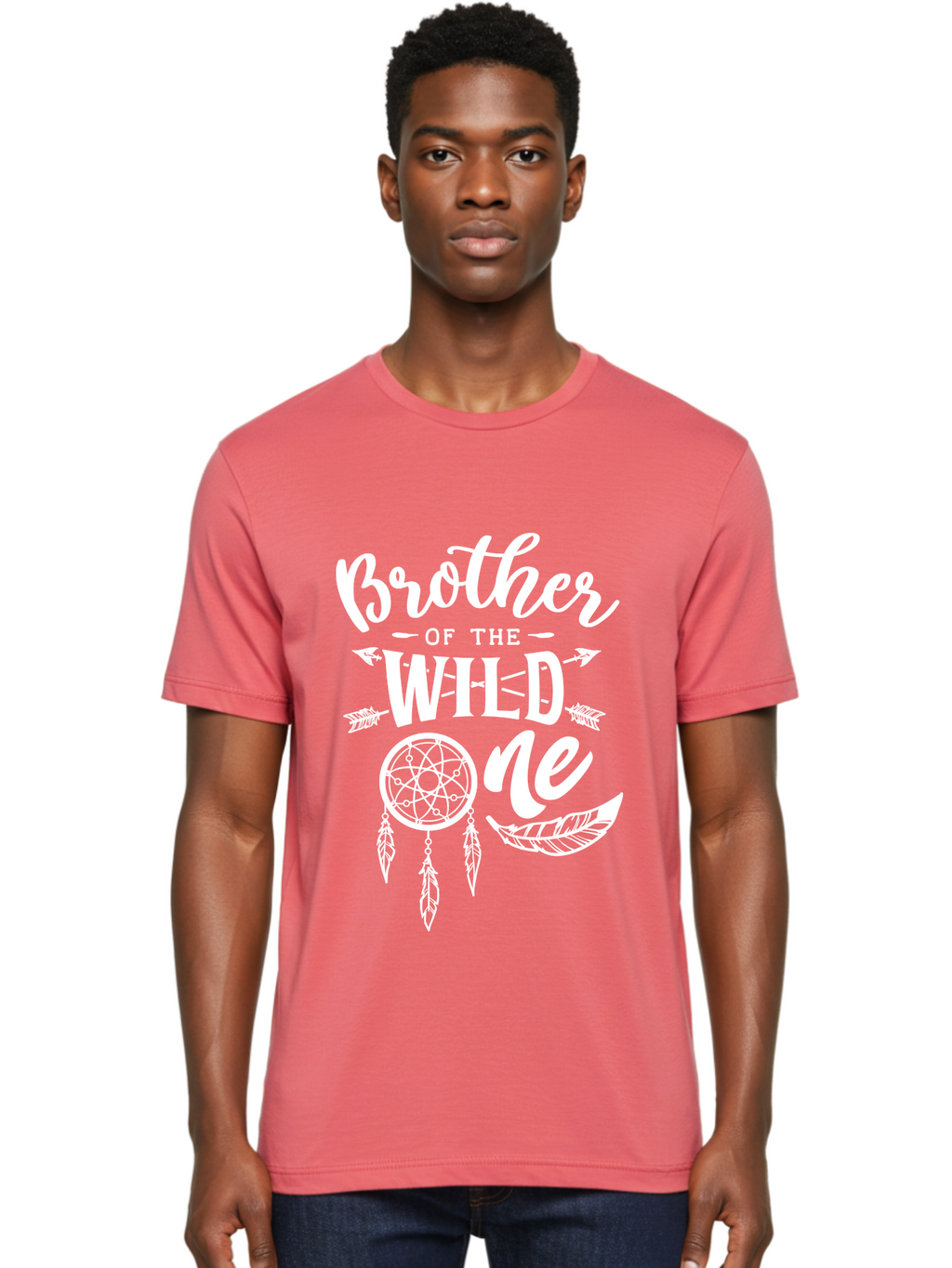 Brother Of The Wild One White Men'S Graphic Tee, 100% Cotton, Comfortable Casual Summer Wear, Machine Washable, Brother Of The Wild One, Dreamcatcher, Feathers, Bohemian Style, Tribal Design, Sibling Love, Wild Child, Sibling Pride Aae160