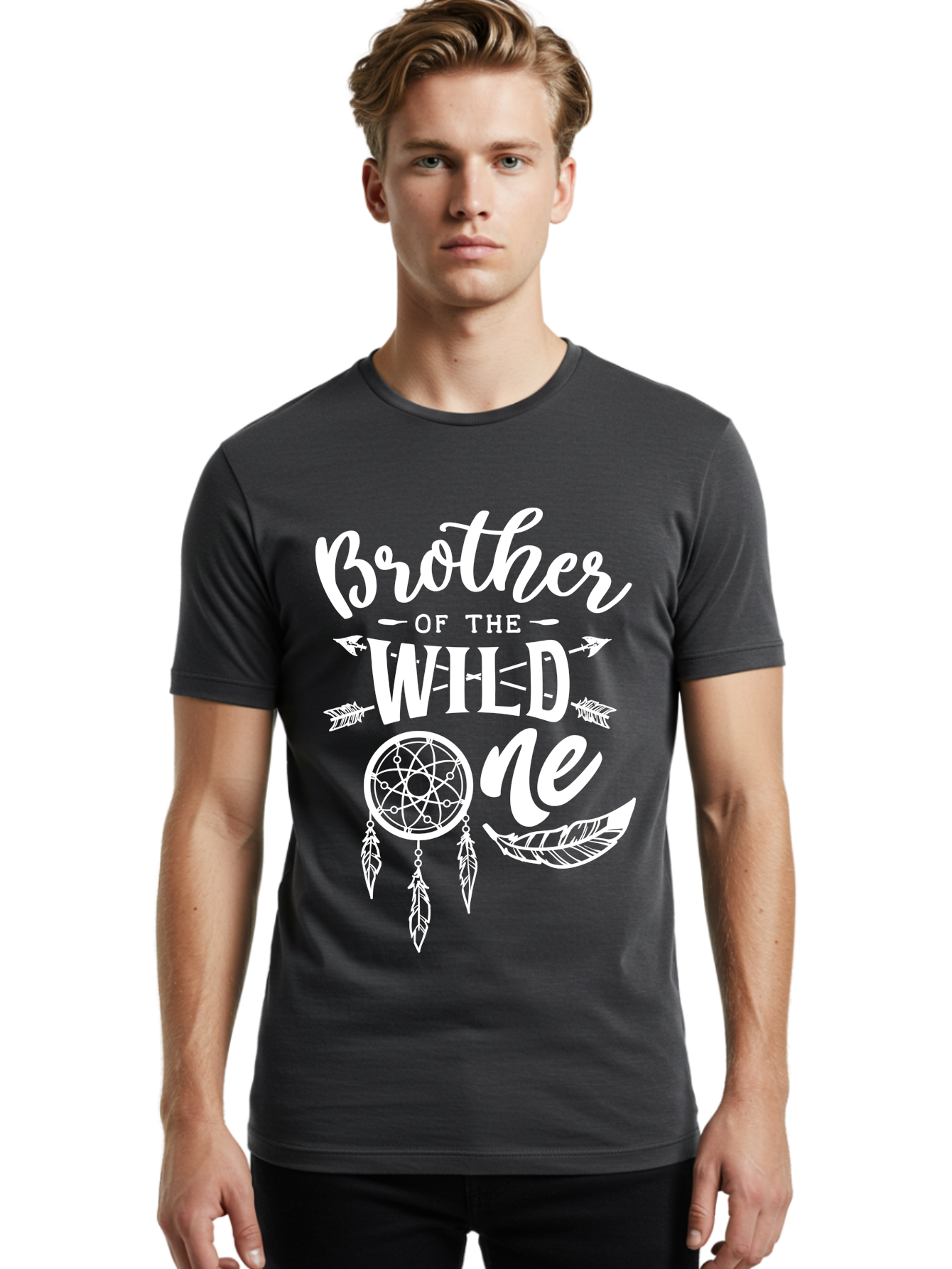 Brother Of The Wild One White Men'S Graphic Tee, 100% Cotton, Comfortable Casual Summer Wear, Machine Washable, Brother Of The Wild One, Dreamcatcher, Feathers, Bohemian Style, Tribal Design, Sibling Love, Wild Child, Sibling Pride Aae160