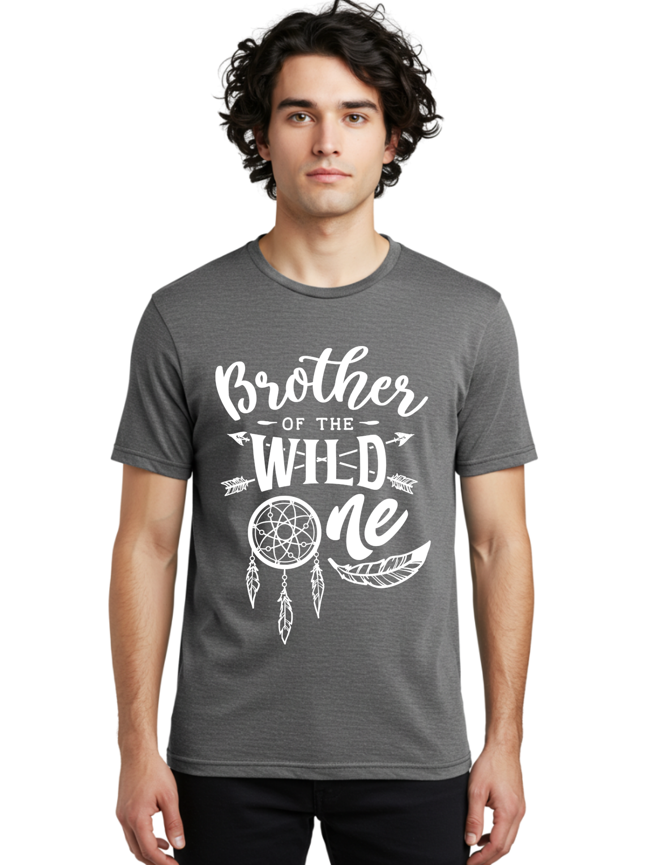 Brother Of The Wild One White Men'S Graphic Tee, 100% Cotton, Comfortable Casual Summer Wear, Machine Washable, Brother Of The Wild One, Dreamcatcher, Feathers, Bohemian Style, Tribal Design, Sibling Love, Wild Child, Sibling Pride Aae160