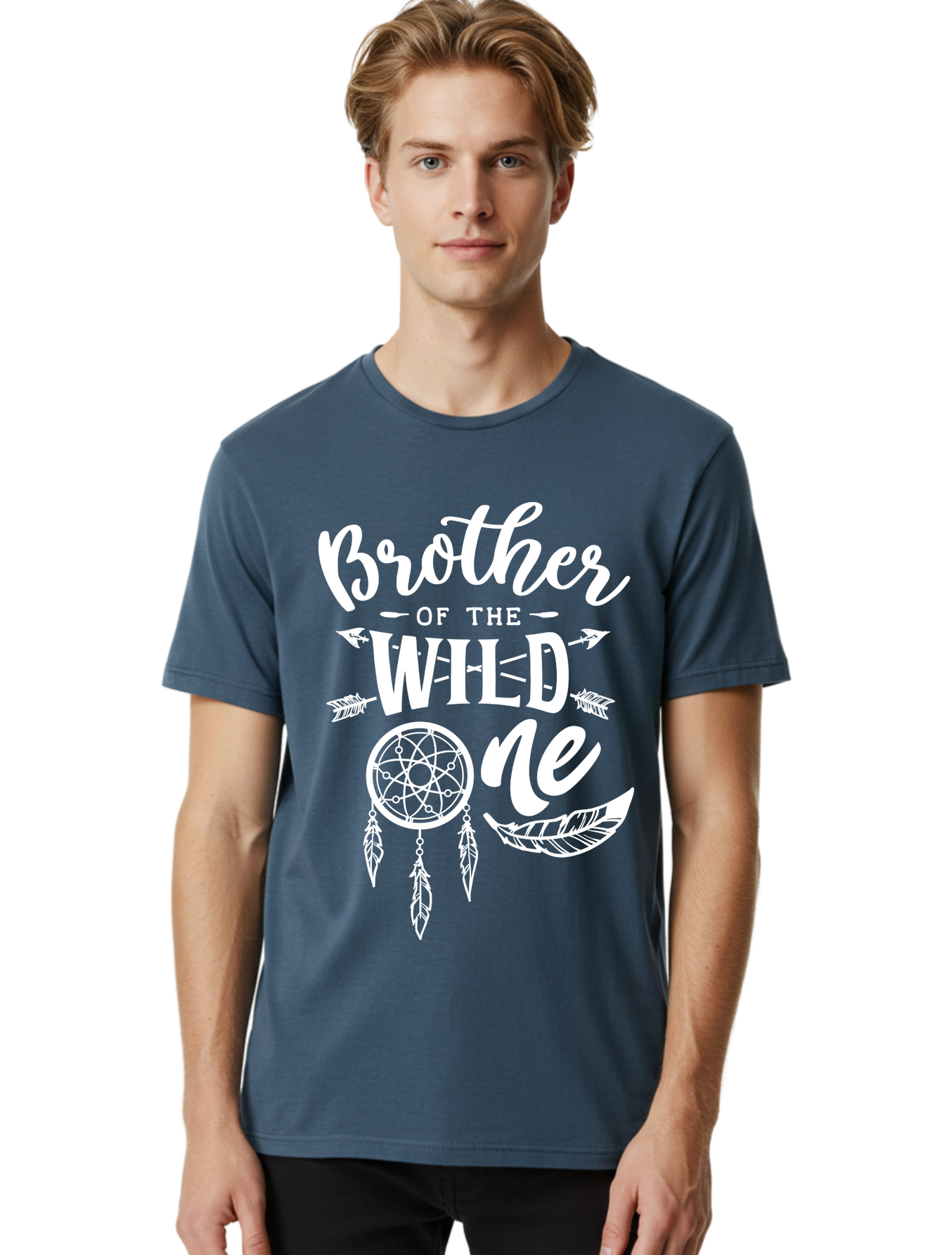 Brother Of The Wild One White Men'S Graphic Tee, 100% Cotton, Comfortable Casual Summer Wear, Machine Washable, Brother Of The Wild One, Dreamcatcher, Feathers, Bohemian Style, Tribal Design, Sibling Love, Wild Child, Sibling Pride Aae160