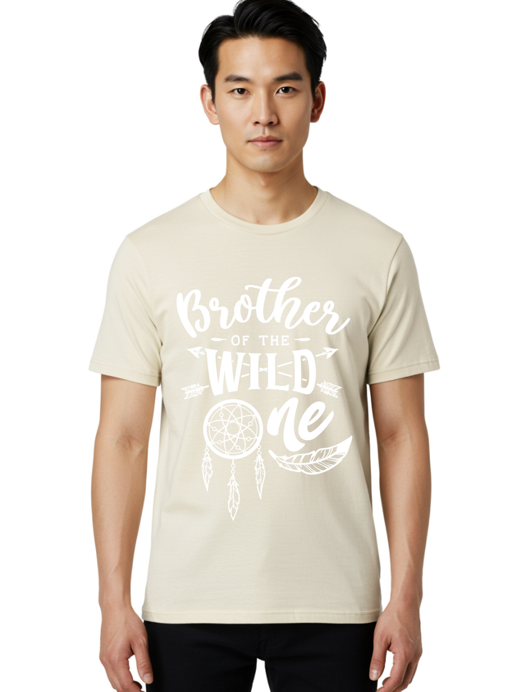 Brother Of The Wild One White Men'S Graphic Tee, 100% Cotton, Comfortable Casual Summer Wear, Machine Washable, Brother Of The Wild One, Dreamcatcher, Feathers, Bohemian Style, Tribal Design, Sibling Love, Wild Child, Sibling Pride Aae160