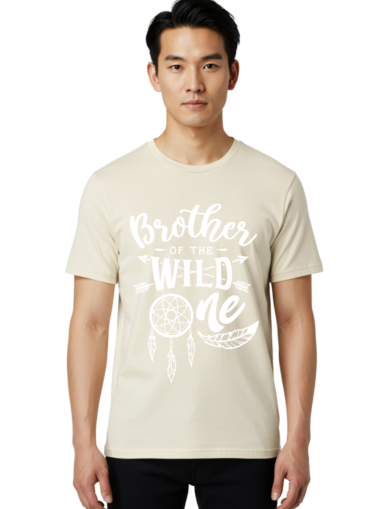 Brother Of The Wild One White Men'S Graphic Tee, 100% Cotton, Comfortable Casual Summer Wear, Machine Washable, Brother Of The Wild One, Dreamcatcher, Feathers, Bohemian Style, Tribal Design, Sibling Love, Wild Child, Sibling Pride Aae160