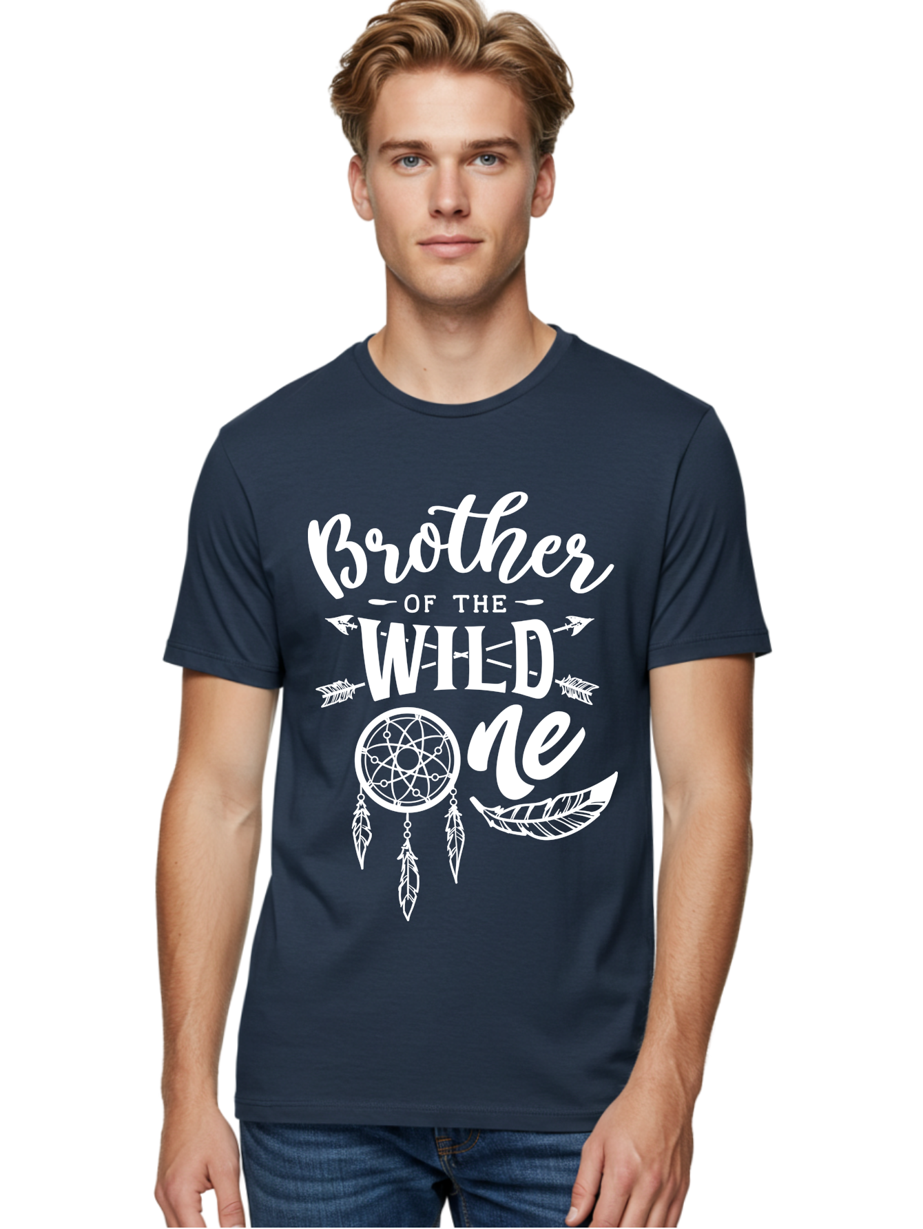 Brother Of The Wild One White Men'S Graphic Tee, 100% Cotton, Comfortable Casual Summer Wear, Machine Washable, Brother Of The Wild One, Dreamcatcher, Feathers, Bohemian Style, Tribal Design, Sibling Love, Wild Child, Sibling Pride Aae160