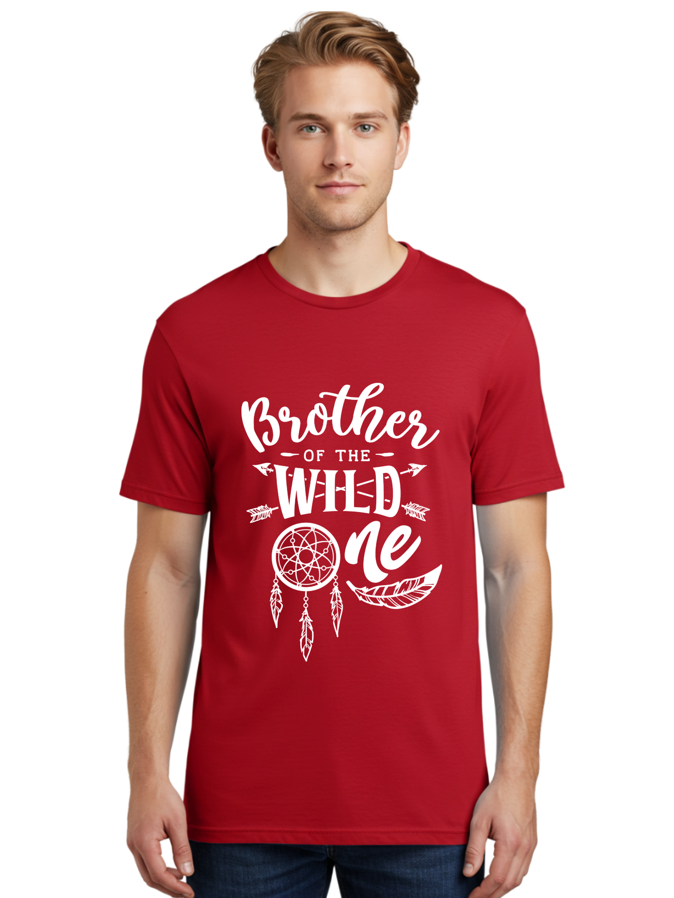 Brother Of The Wild One White Men'S Graphic Tee, 100% Cotton, Comfortable Casual Summer Wear, Machine Washable, Brother Of The Wild One, Dreamcatcher, Feathers, Bohemian Style, Tribal Design, Sibling Love, Wild Child, Sibling Pride Aae160
