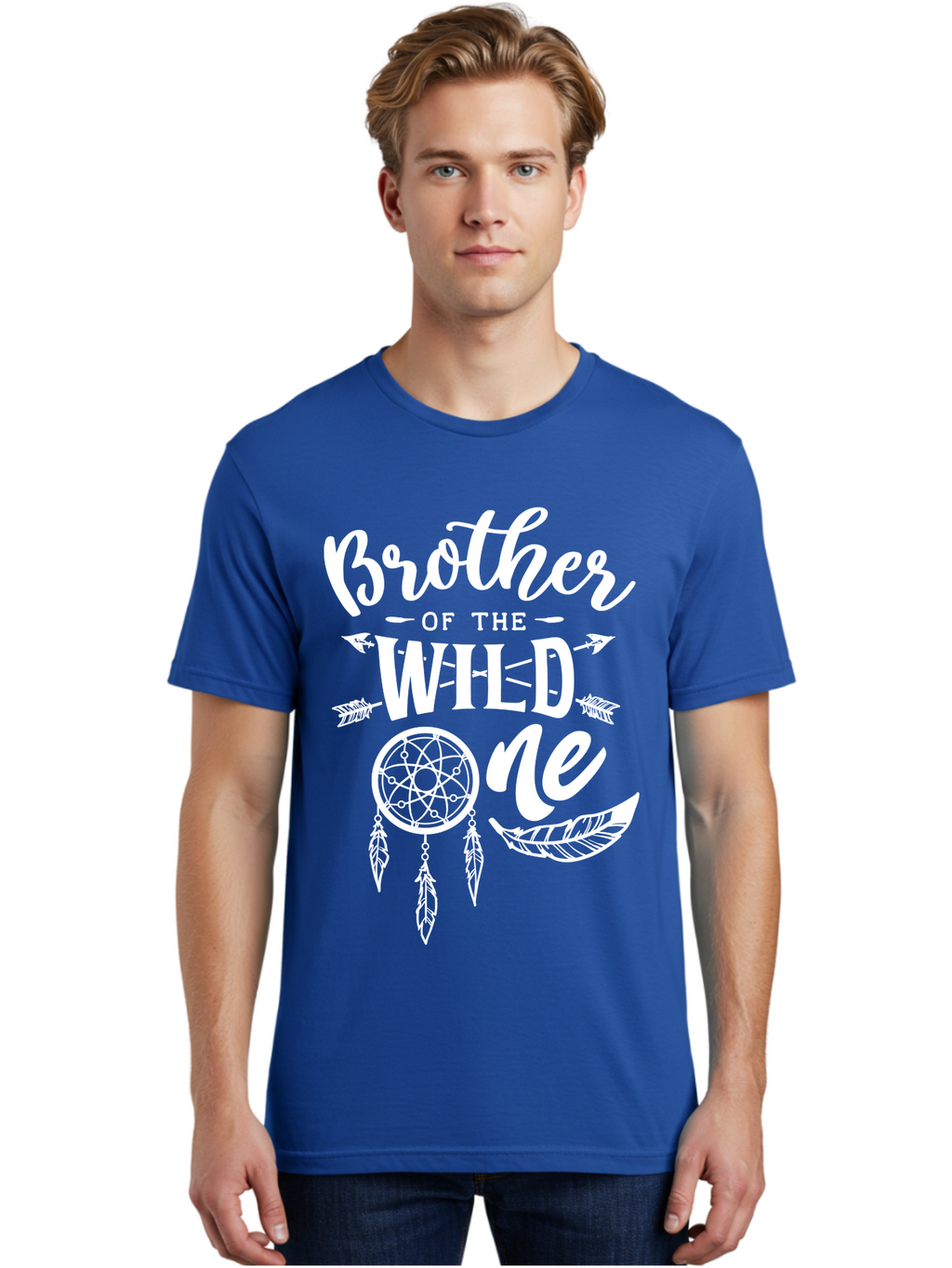 Brother Of The Wild One White Men'S Graphic Tee, 100% Cotton, Comfortable Casual Summer Wear, Machine Washable, Brother Of The Wild One, Dreamcatcher, Feathers, Bohemian Style, Tribal Design, Sibling Love, Wild Child, Sibling Pride Aae160