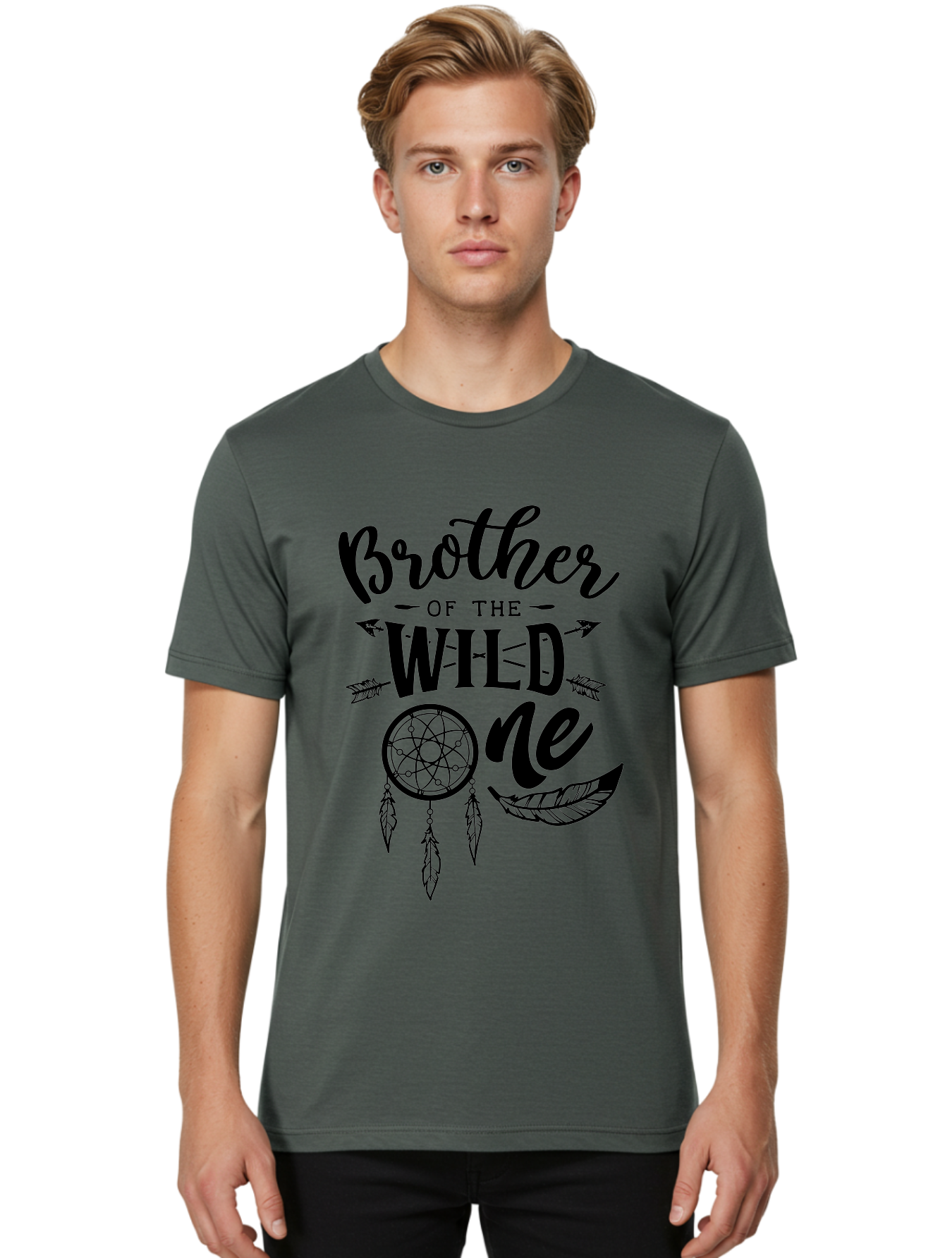 Brother Of The Wild One Men'S Graphic Tee, 100% Cotton, Comfortable Casual Summer Wear, Machine Washable, Brother Of The Wild One, Dreamcatcher, Feathers, Arrows, Bohemian Style, Sibling Love, Tribal Design, Family Bonding Aae161