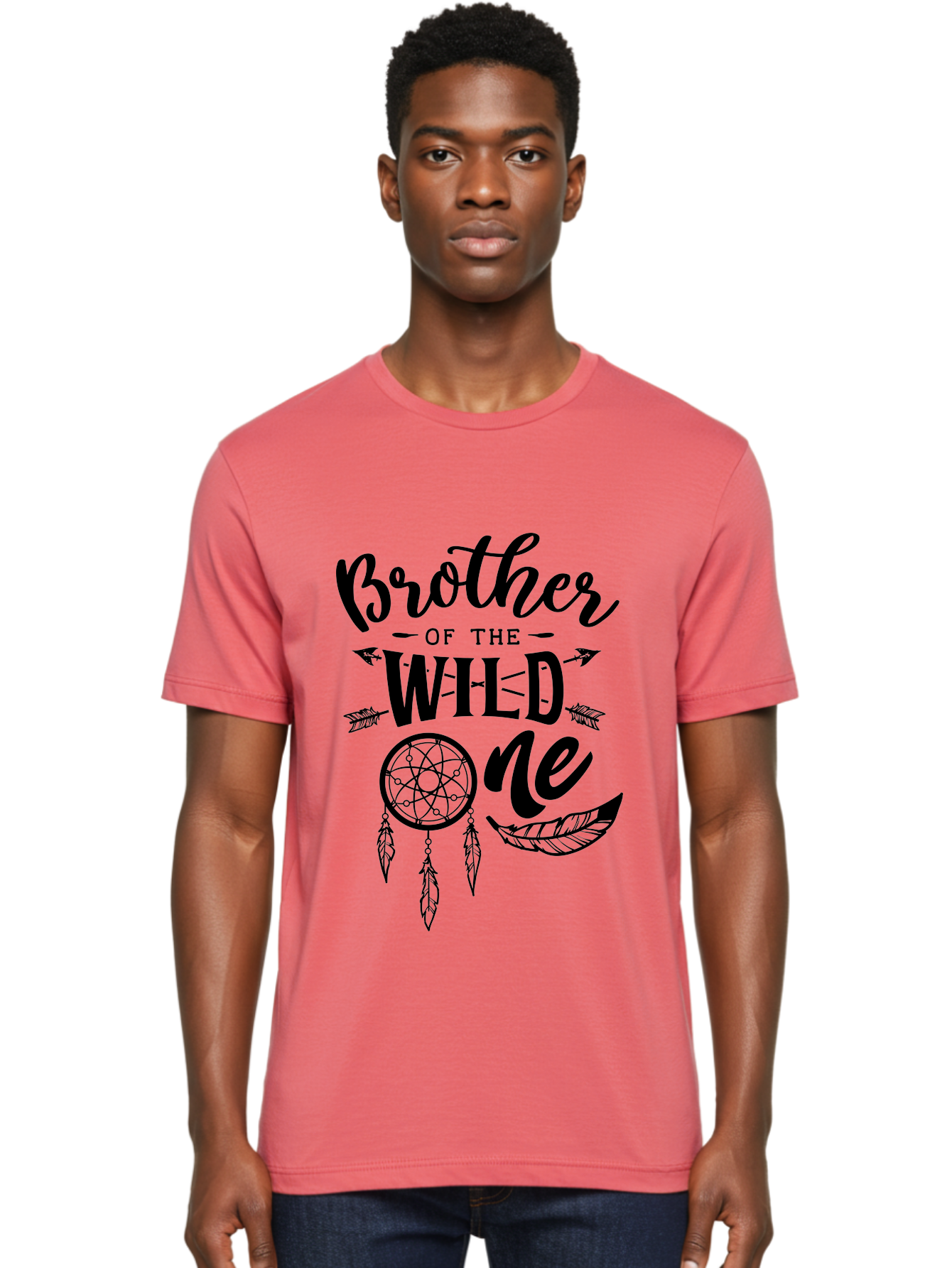 Brother Of The Wild One Men'S Graphic Tee, 100% Cotton, Comfortable Casual Summer Wear, Machine Washable, Brother Of The Wild One, Dreamcatcher, Feathers, Arrows, Bohemian Style, Sibling Love, Tribal Design, Family Bonding Aae161