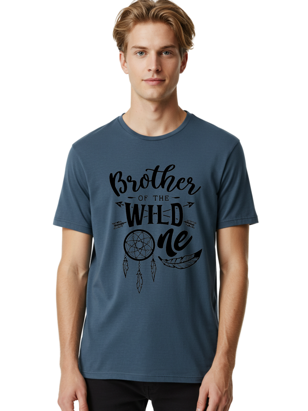 Brother Of The Wild One Men'S Graphic Tee, 100% Cotton, Comfortable Casual Summer Wear, Machine Washable, Brother Of The Wild One, Dreamcatcher, Feathers, Arrows, Bohemian Style, Sibling Love, Tribal Design, Family Bonding Aae161