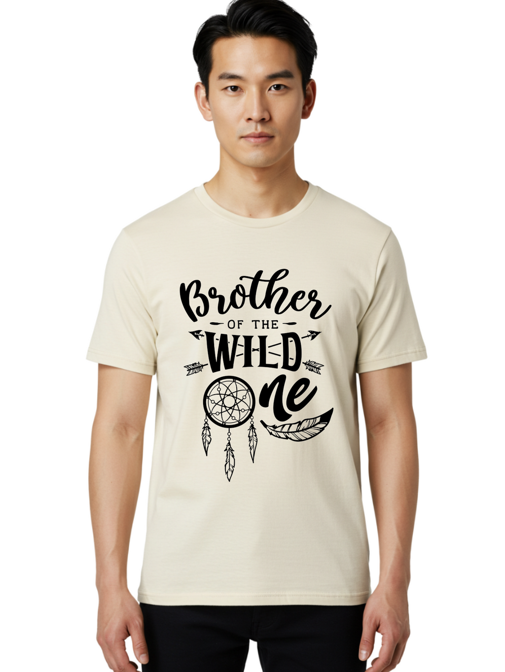 Brother Of The Wild One Men'S Graphic Tee, 100% Cotton, Comfortable Casual Summer Wear, Machine Washable, Brother Of The Wild One, Dreamcatcher, Feathers, Arrows, Bohemian Style, Sibling Love, Tribal Design, Family Bonding Aae161