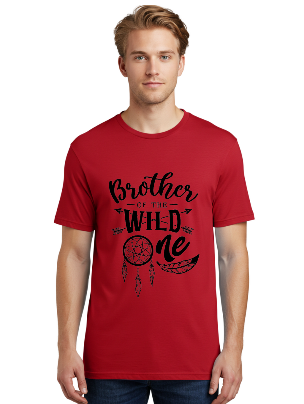 Brother Of The Wild One Men'S Graphic Tee, 100% Cotton, Comfortable Casual Summer Wear, Machine Washable, Brother Of The Wild One, Dreamcatcher, Feathers, Arrows, Bohemian Style, Sibling Love, Tribal Design, Family Bonding Aae161