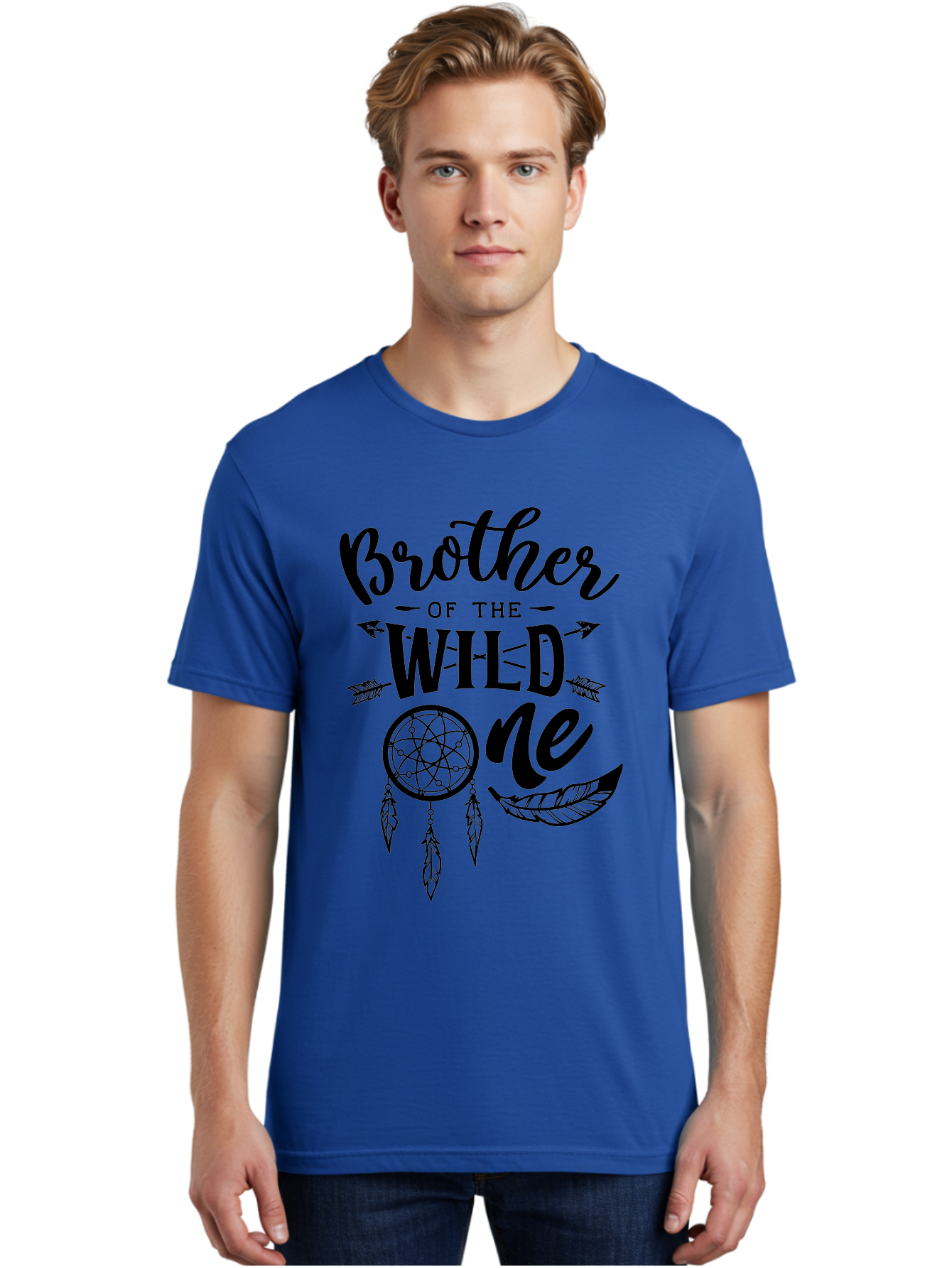 Brother Of The Wild One Men'S Graphic Tee, 100% Cotton, Comfortable Casual Summer Wear, Machine Washable, Brother Of The Wild One, Dreamcatcher, Feathers, Arrows, Bohemian Style, Sibling Love, Tribal Design, Family Bonding Aae161