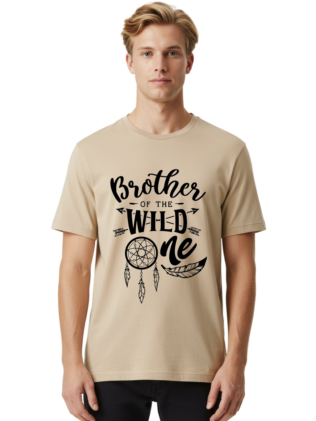 Brother Of The Wild One Men'S Graphic Tee, 100% Cotton, Comfortable Casual Summer Wear, Machine Washable, Brother Of The Wild One, Dreamcatcher, Feathers, Arrows, Bohemian Style, Sibling Love, Tribal Design, Family Bonding Aae161