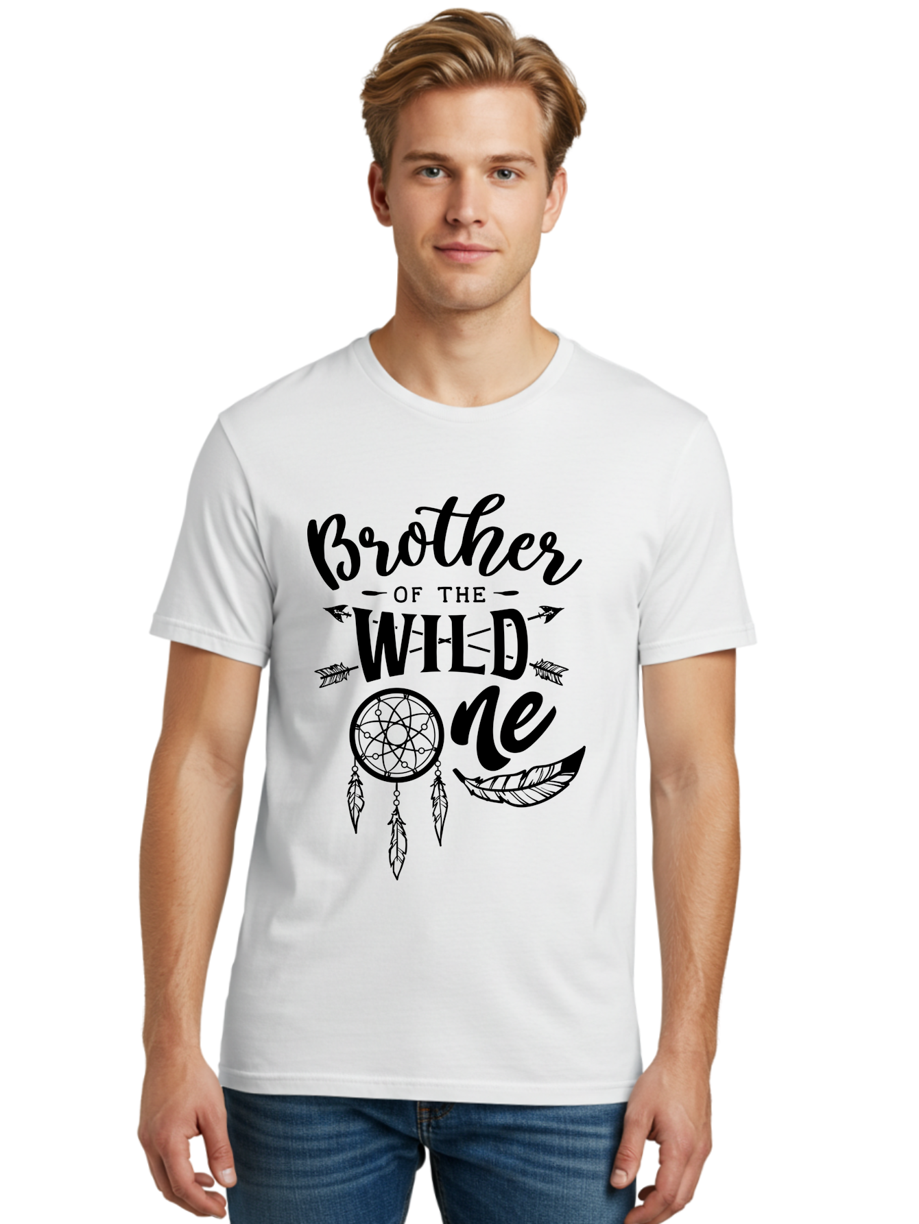 Brother Of The Wild One Men'S Graphic Tee, 100% Cotton, Comfortable Casual Summer Wear, Machine Washable, Brother Of The Wild One, Dreamcatcher, Feathers, Arrows, Bohemian Style, Sibling Love, Tribal Design, Family Bonding Aae161