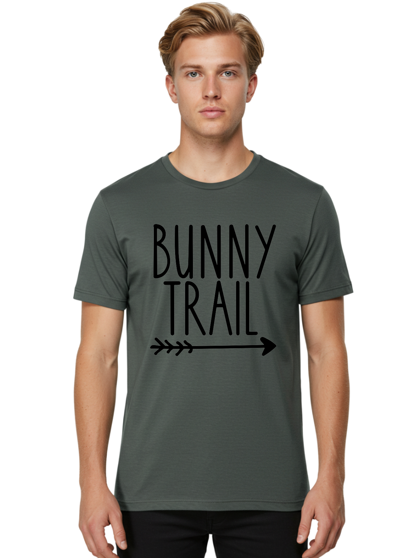 Bunny Trail This Way Men'S Graphic Tee, 100% Cotton, Comfortable Casual Summer Wear, Machine Washable, Bunny Trail, Arrow Graphic, Directional Signage, Playful Design, Whimsical Theme, Black Text, Bold Font, Graphic Illustration, Easter Theme, Aae162