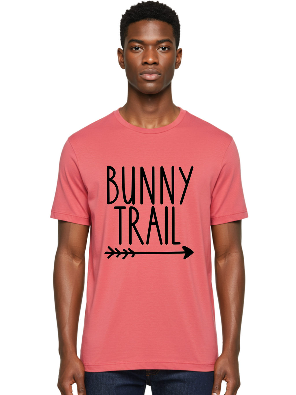 Bunny Trail This Way Men'S Graphic Tee, 100% Cotton, Comfortable Casual Summer Wear, Machine Washable, Bunny Trail, Arrow Graphic, Directional Signage, Playful Design, Whimsical Theme, Black Text, Bold Font, Graphic Illustration, Easter Theme, Aae162