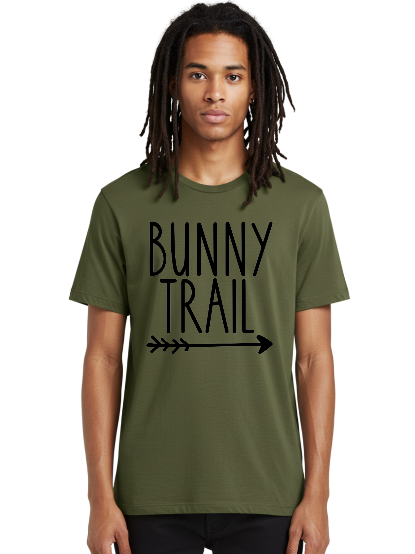 Bunny Trail This Way Men'S Graphic Tee, 100% Cotton, Comfortable Casual Summer Wear, Machine Washable, Bunny Trail, Arrow Graphic, Directional Signage, Playful Design, Whimsical Theme, Black Text, Bold Font, Graphic Illustration, Easter Theme, Aae162
