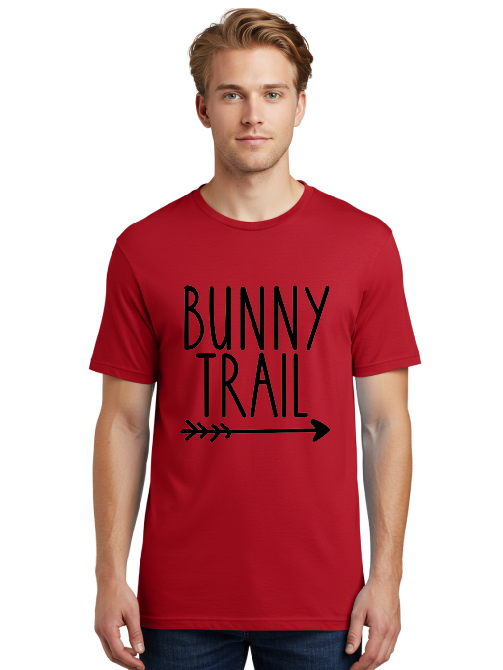 Bunny Trail This Way Men'S Graphic Tee, 100% Cotton, Comfortable Casual Summer Wear, Machine Washable, Bunny Trail, Arrow Graphic, Directional Signage, Playful Design, Whimsical Theme, Black Text, Bold Font, Graphic Illustration, Easter Theme, Aae162