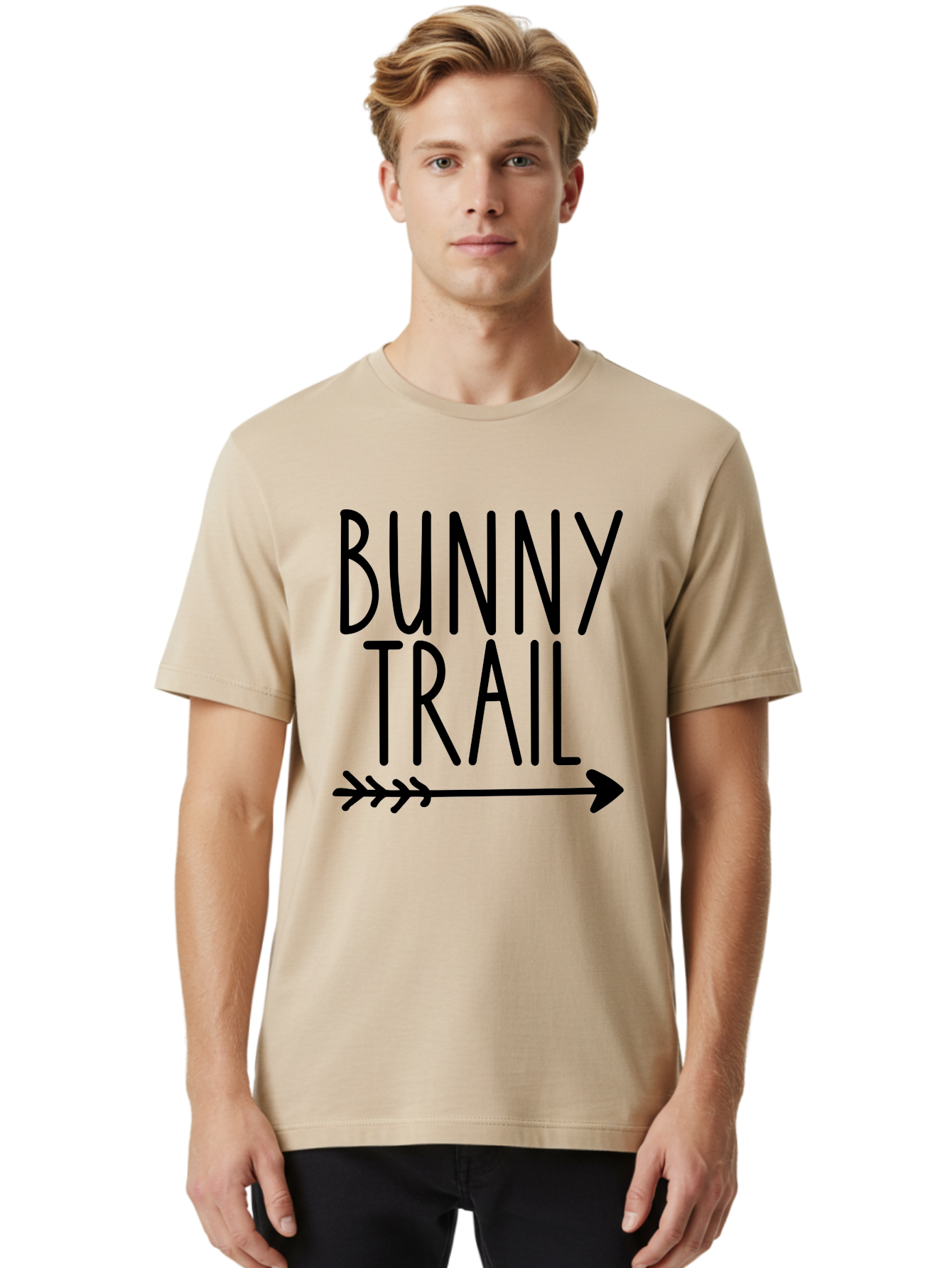 Bunny Trail This Way Men'S Graphic Tee, 100% Cotton, Comfortable Casual Summer Wear, Machine Washable, Bunny Trail, Arrow Graphic, Directional Signage, Playful Design, Whimsical Theme, Black Text, Bold Font, Graphic Illustration, Easter Theme, Aae162