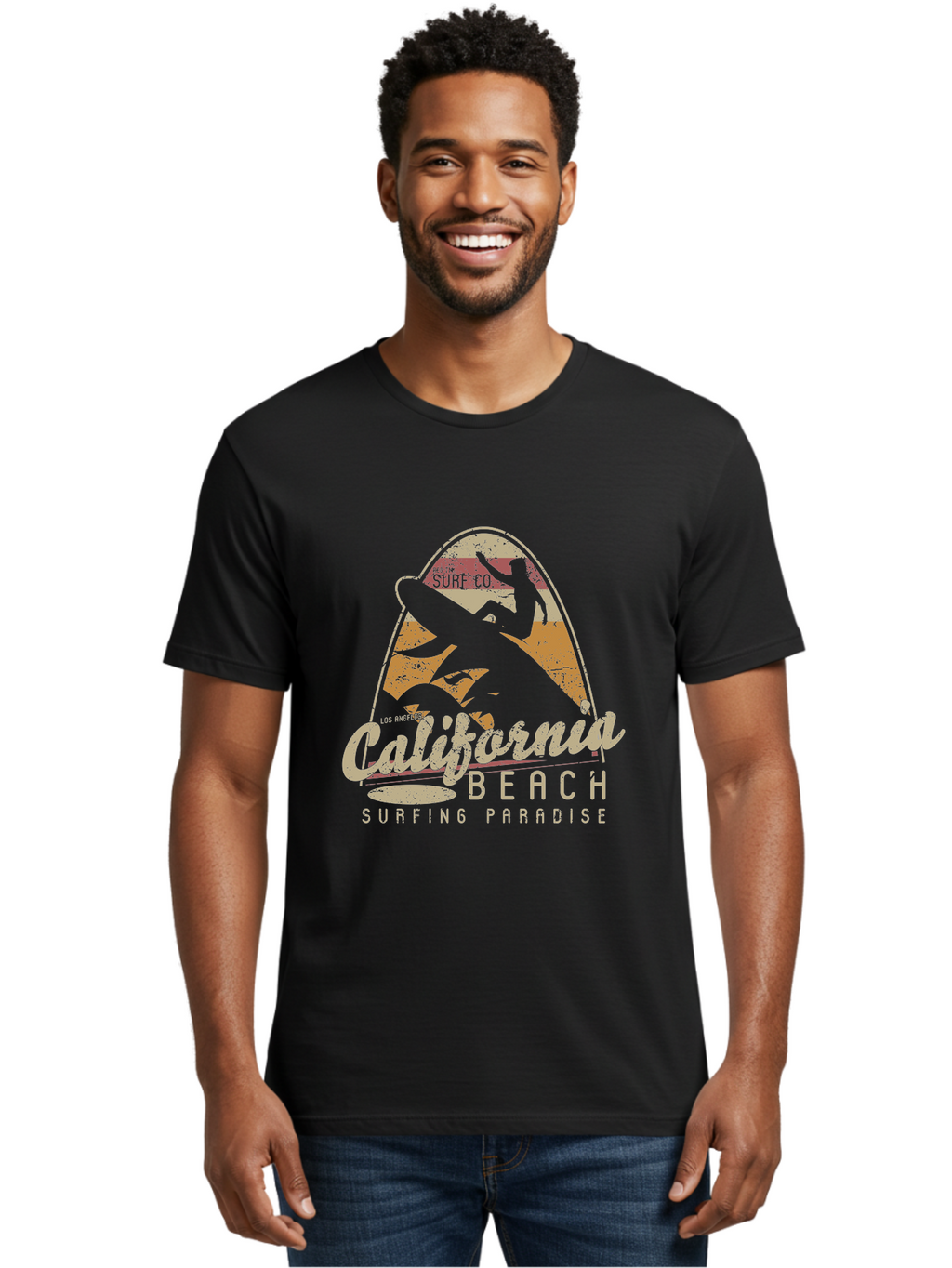 California Beach Surfing Paradise Men'S Graphic Tee, 100% Cotton, Comfortable Casual Summer Wear, Machine Washable, Surfer Riding Wave, California Beach Scene, Surfing Culture, Beach Lifestyle, Surfboard Graphic, Coastal Vibes, Paradise Found, Aae166