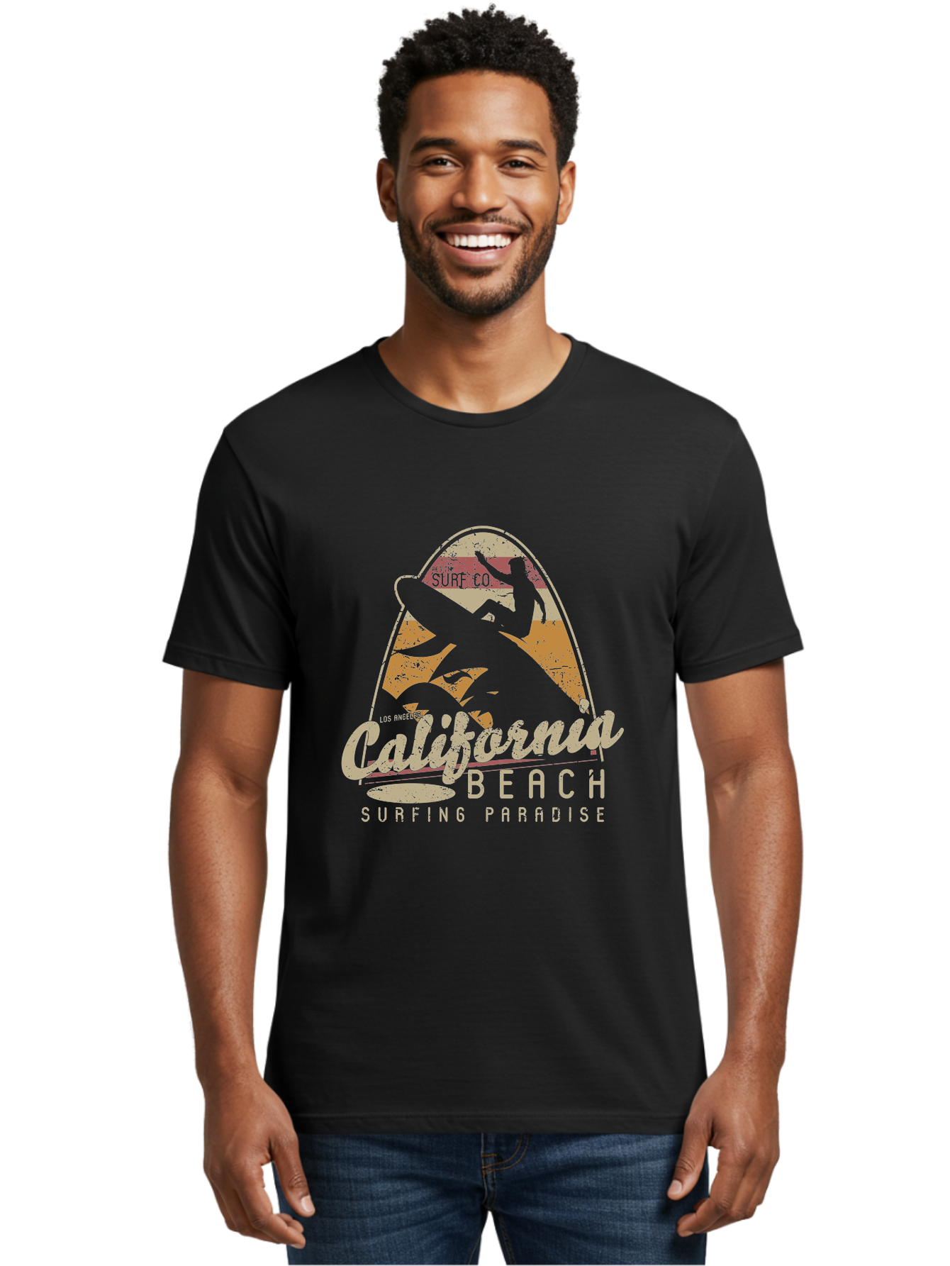 California Beach Surfing Paradise Men'S Graphic Tee, 100% Cotton, Comfortable Casual Summer Wear, Machine Washable, Surfer Riding Wave, California Beach Scene, Surfing Culture, Beach Lifestyle, Surfboard Graphic, Coastal Vibes, Paradise Found, Aae166