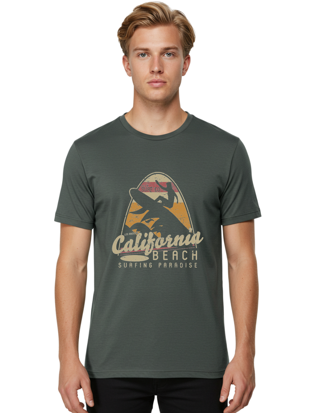 California Beach Surfing Paradise Men'S Graphic Tee, 100% Cotton, Comfortable Casual Summer Wear, Machine Washable, Surfer Riding Wave, California Beach Scene, Surfing Culture, Beach Lifestyle, Surfboard Graphic, Coastal Vibes, Paradise Found, Aae166