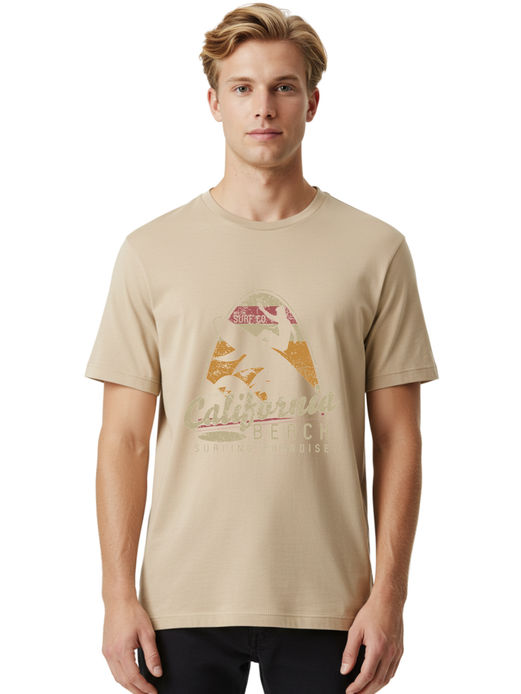 California Beach Surfing Paradise Men'S Graphic Tee, 100% Cotton, Comfortable Casual Summer Wear, Machine Washable, Surfer Riding Wave, California Beach Scene, Surfing Culture, Beach Lifestyle, Surfboard Graphic, Coastal Vibes, Paradise Found, Aae166