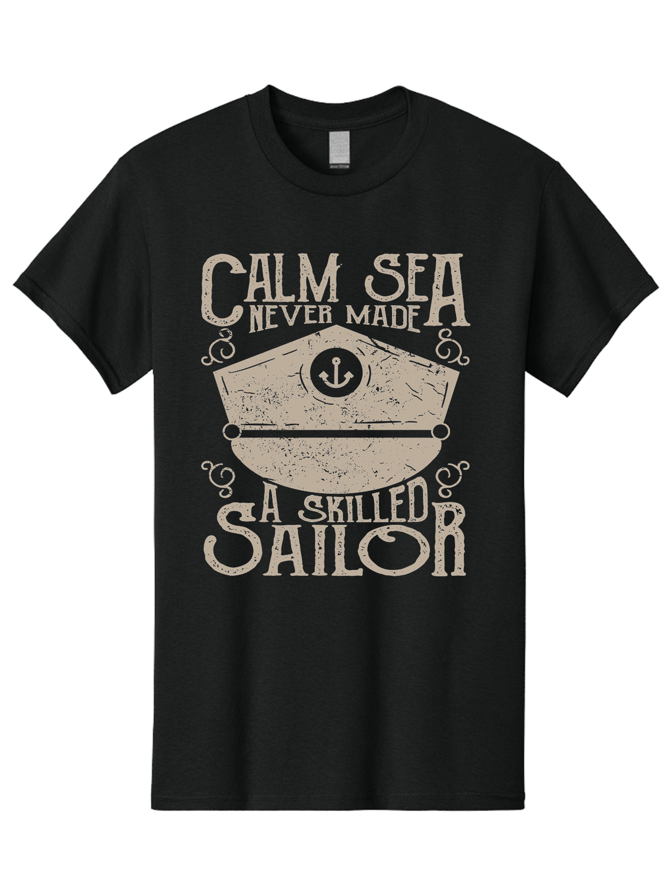 Calm Sea -Men Men'S Graphic Tee, 100% Cotton, Comfortable Casual Summer Wear, Machine Washable, Sailor Quote, Nautical Theme, Motivational Phrase, Captain Hat, Anchor Symbol, Sailing Inspiration, Distressed Design, Typography Art Aae167